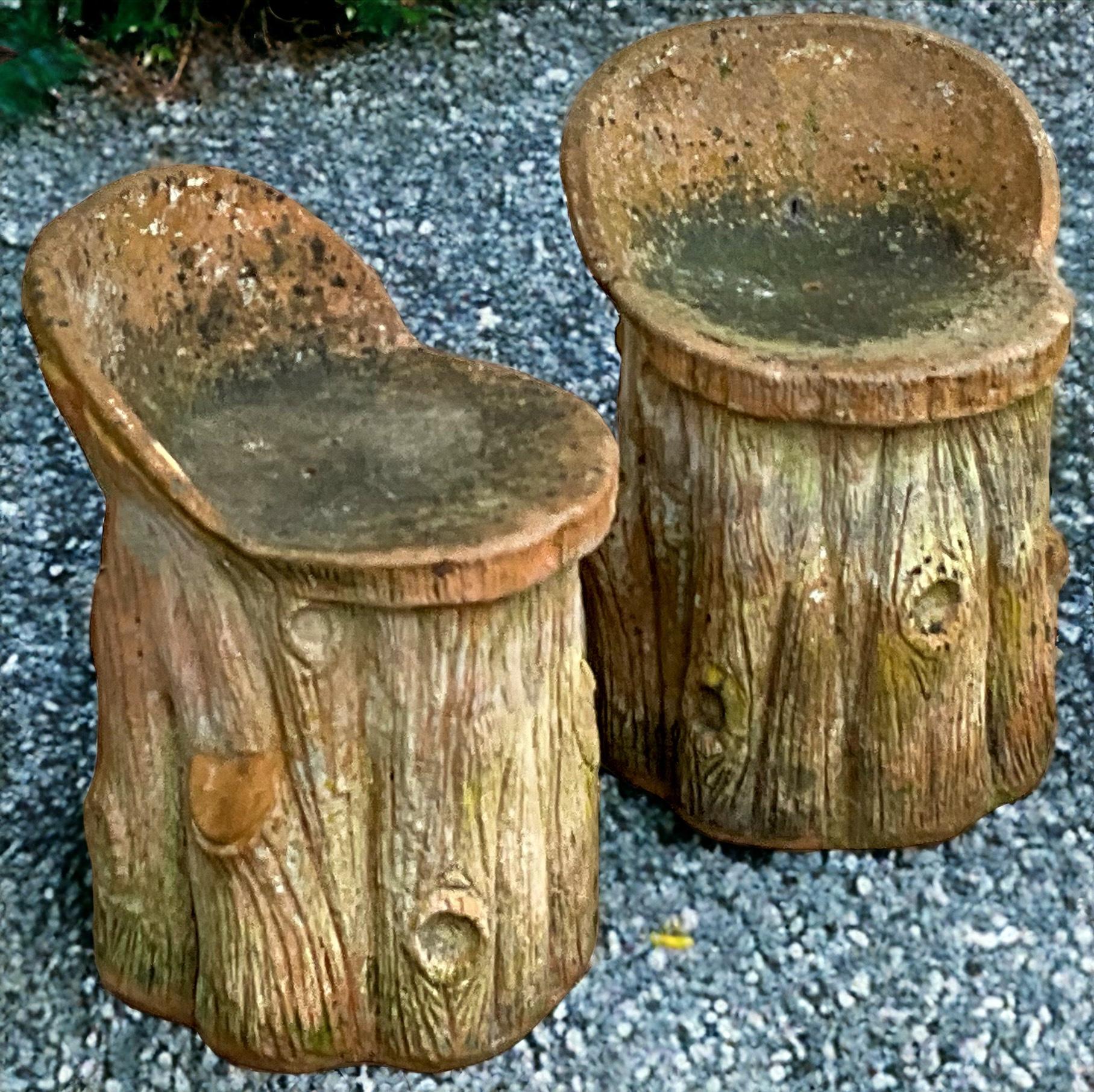 1950s French Primitive Rustic Terracotta Faux Bois Garden Seats / Stools - Pair 1