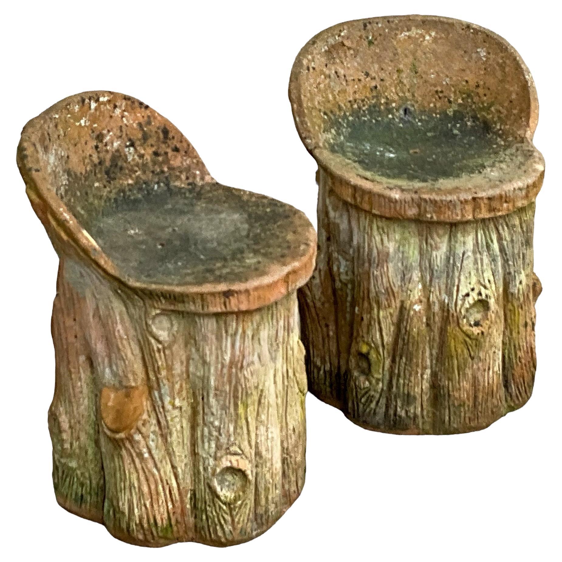 1950s French Primitive Rustic Terracotta Faux Bois Garden Seats / Stools - Pair