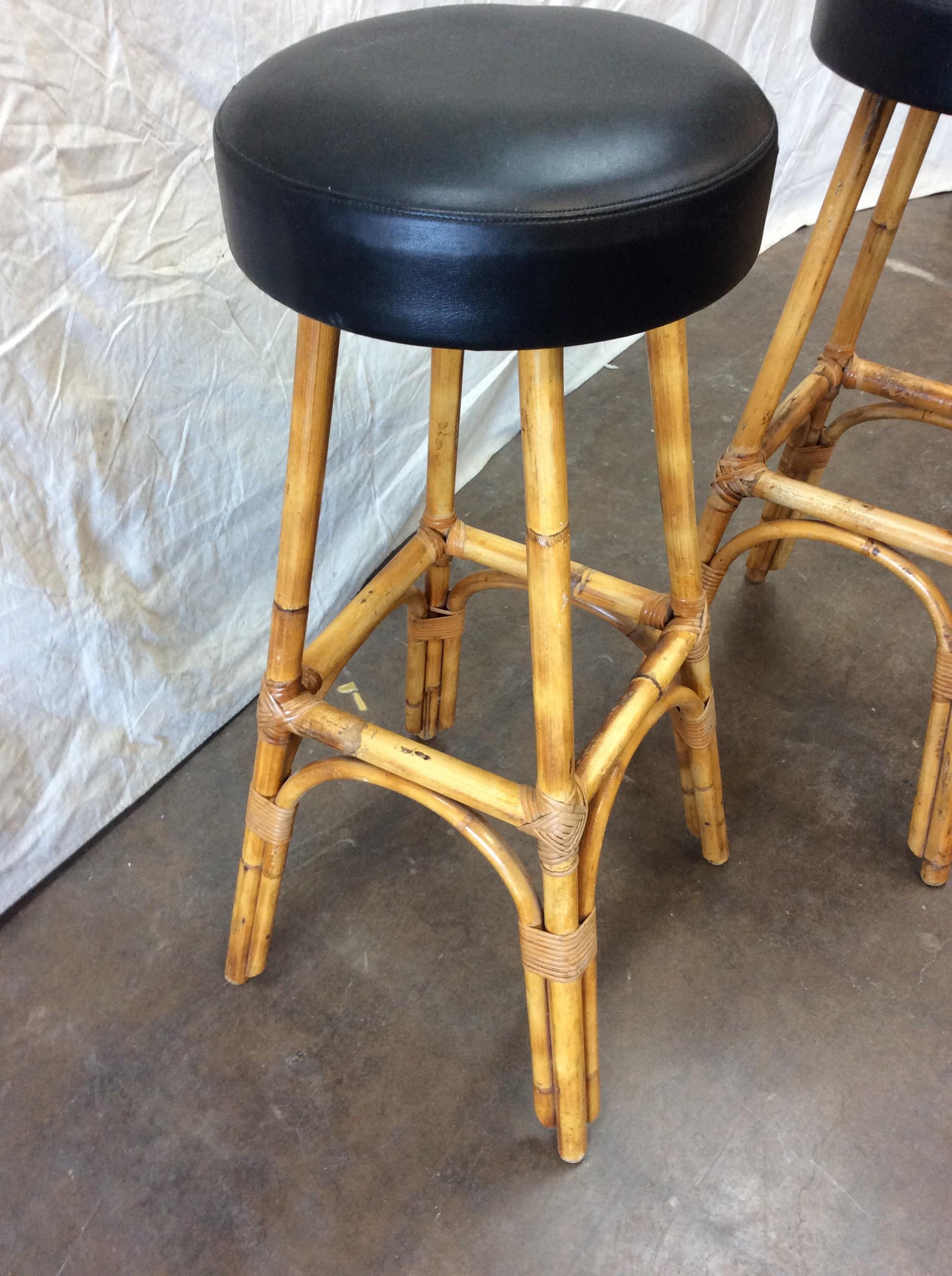 Hand-Crafted 1950s French Rattan and Bamboo Bar Stools - a Pair For Sale