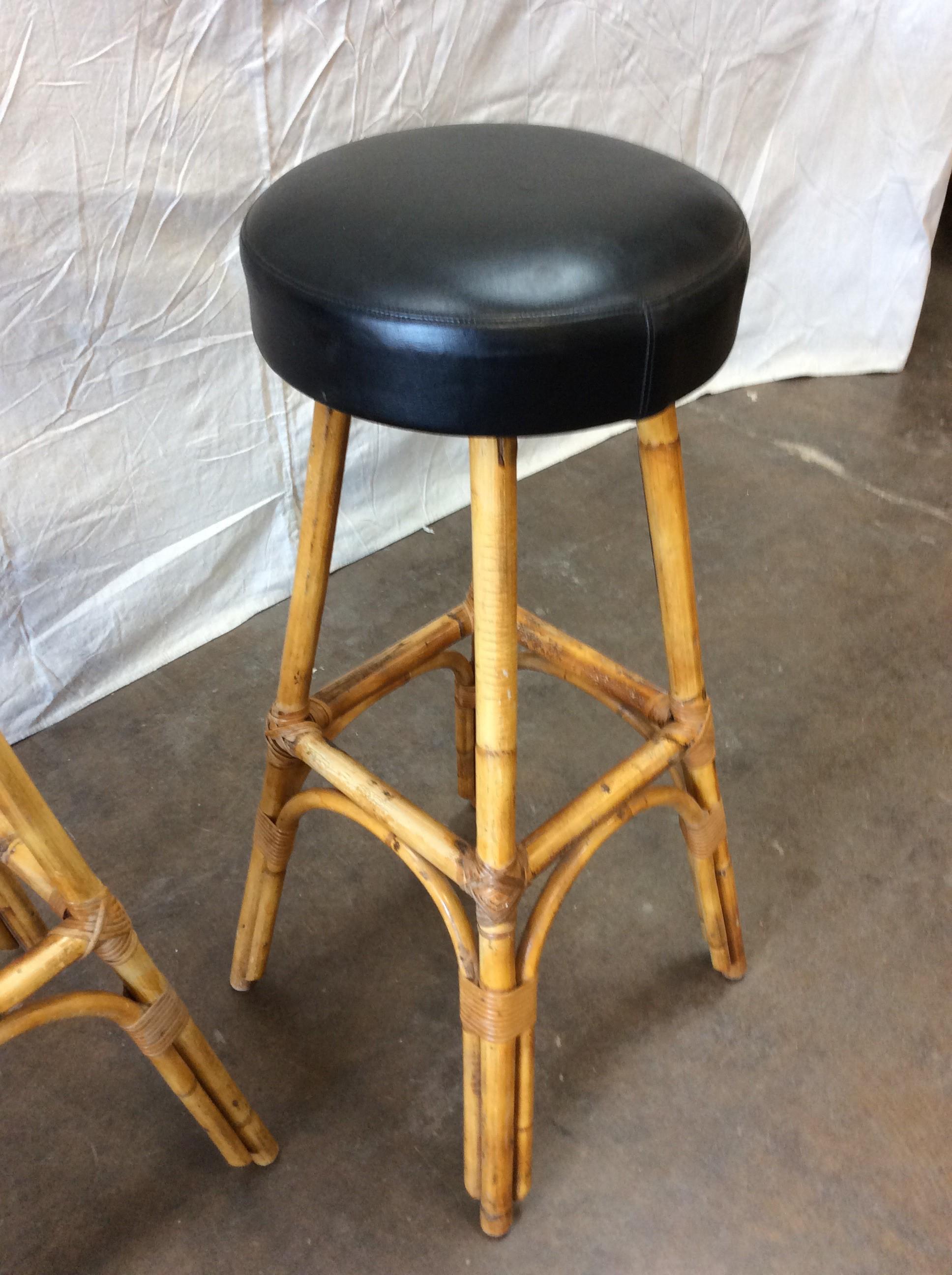 1950s French Rattan and Bamboo Bar Stools - a Pair In Good Condition For Sale In Burton, TX