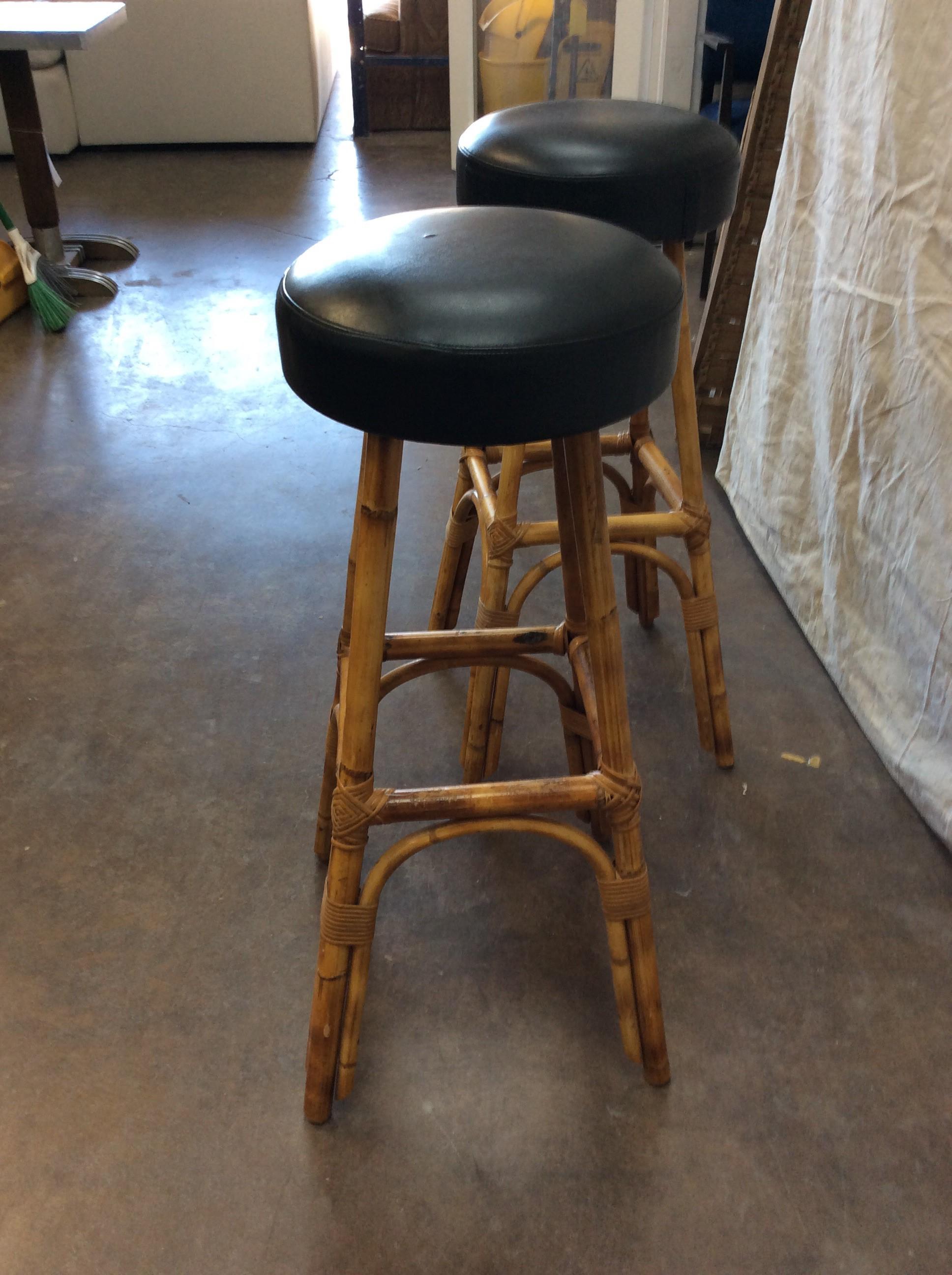 20th Century 1950s French Rattan and Bamboo Bar Stools - a Pair For Sale