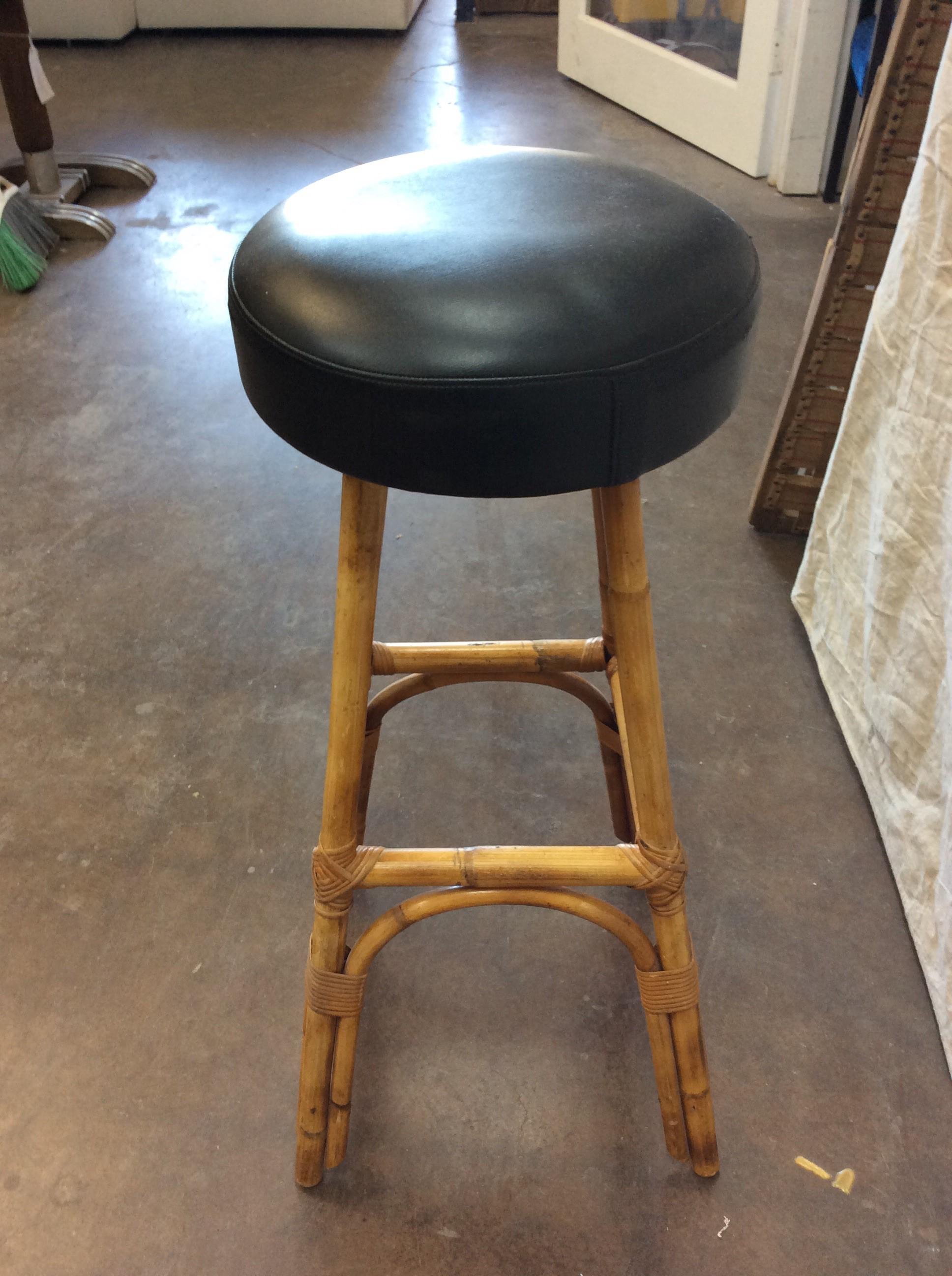 Leather 1950s French Rattan and Bamboo Bar Stools - a Pair For Sale