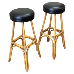 1950s French Rattan and Bamboo Bar Stools - a Pair