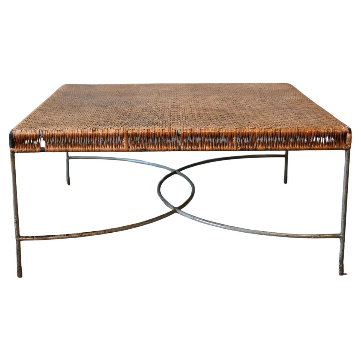 1950’s French Rattan and Iron Square Coffee Table For Sale