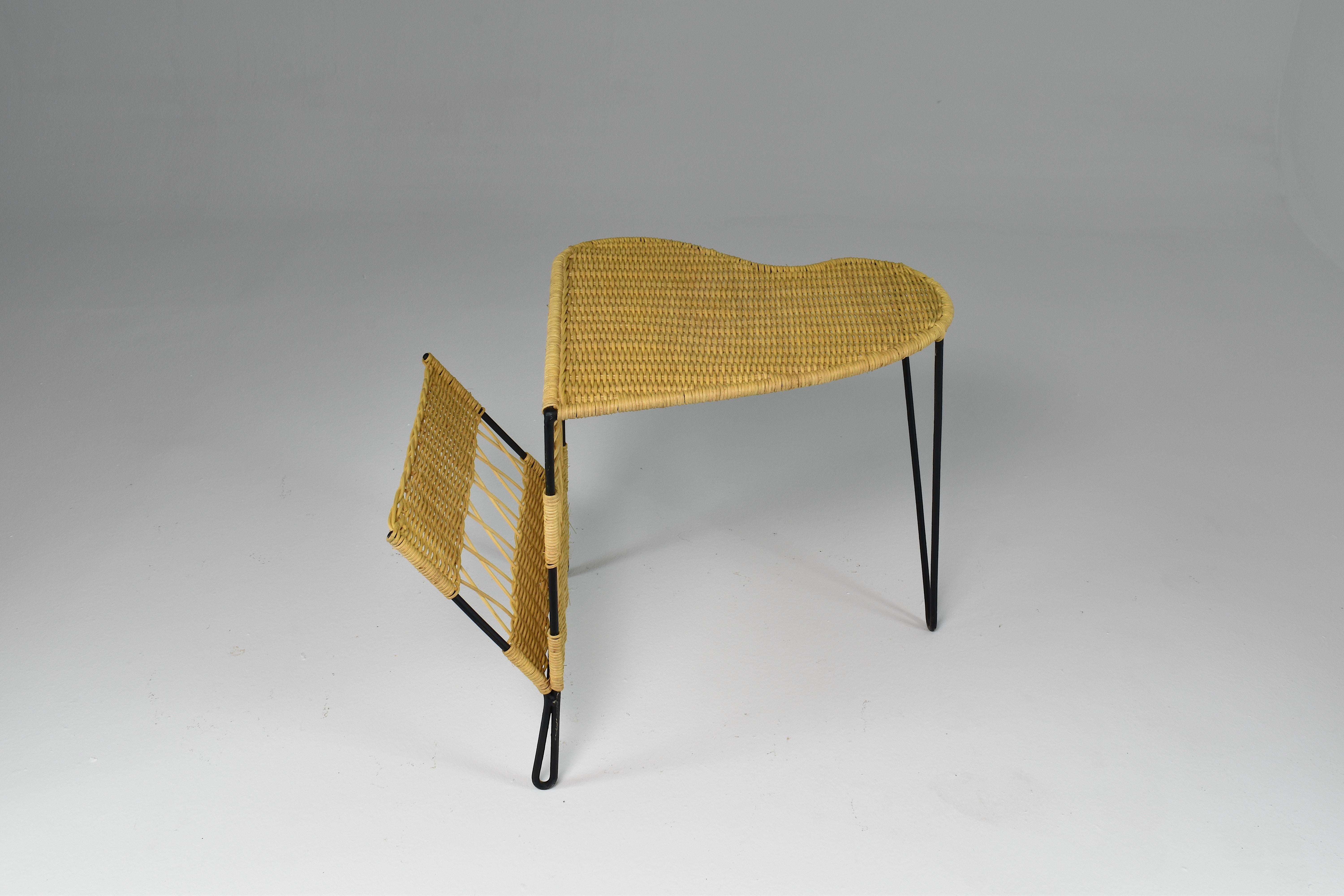 1950's French Rattan Chair and Table with Magazine Rack Set Raoul Guys For Sale 5
