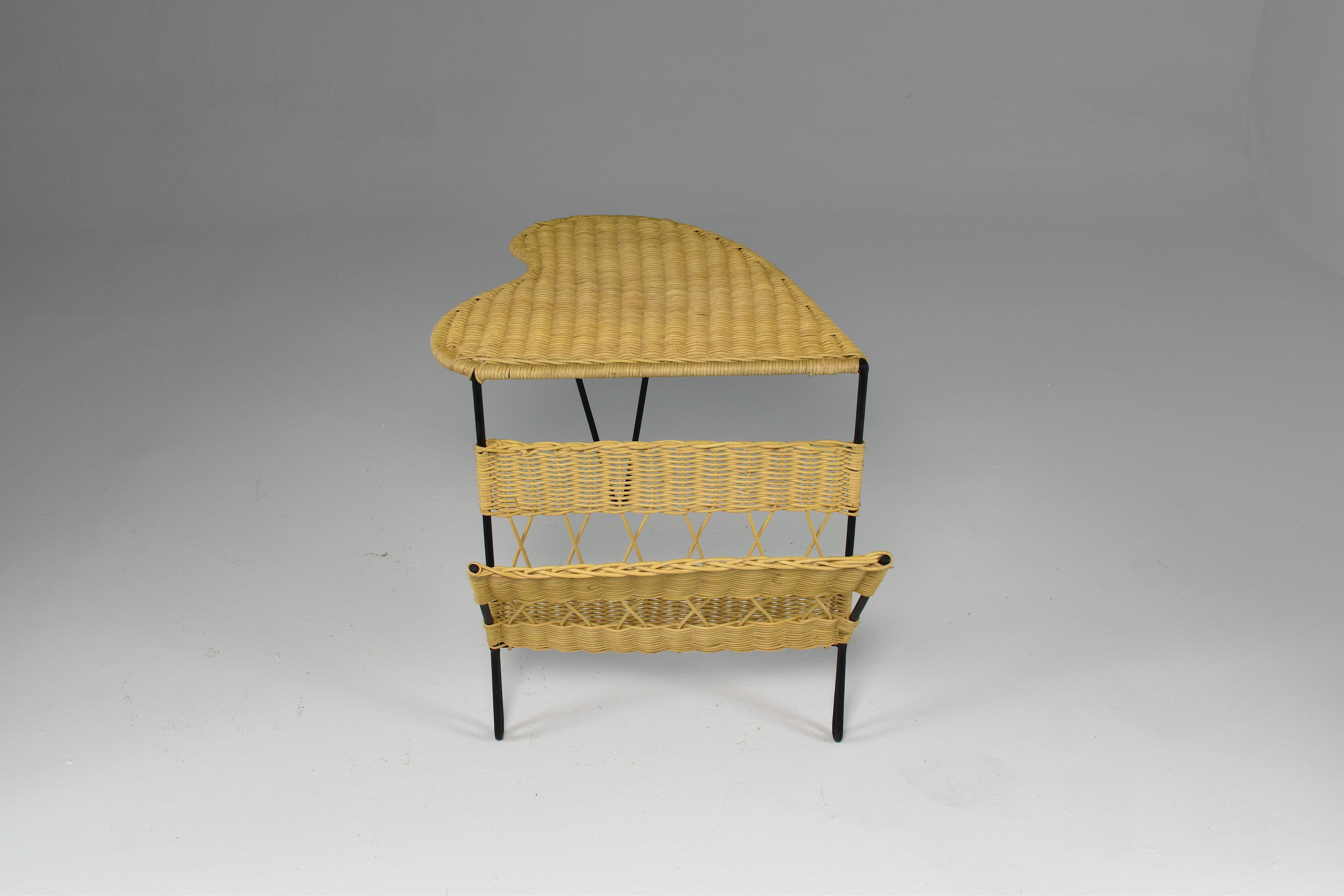 1950's French Rattan Chair and Table with Magazine Rack Set Raoul Guys For Sale 6