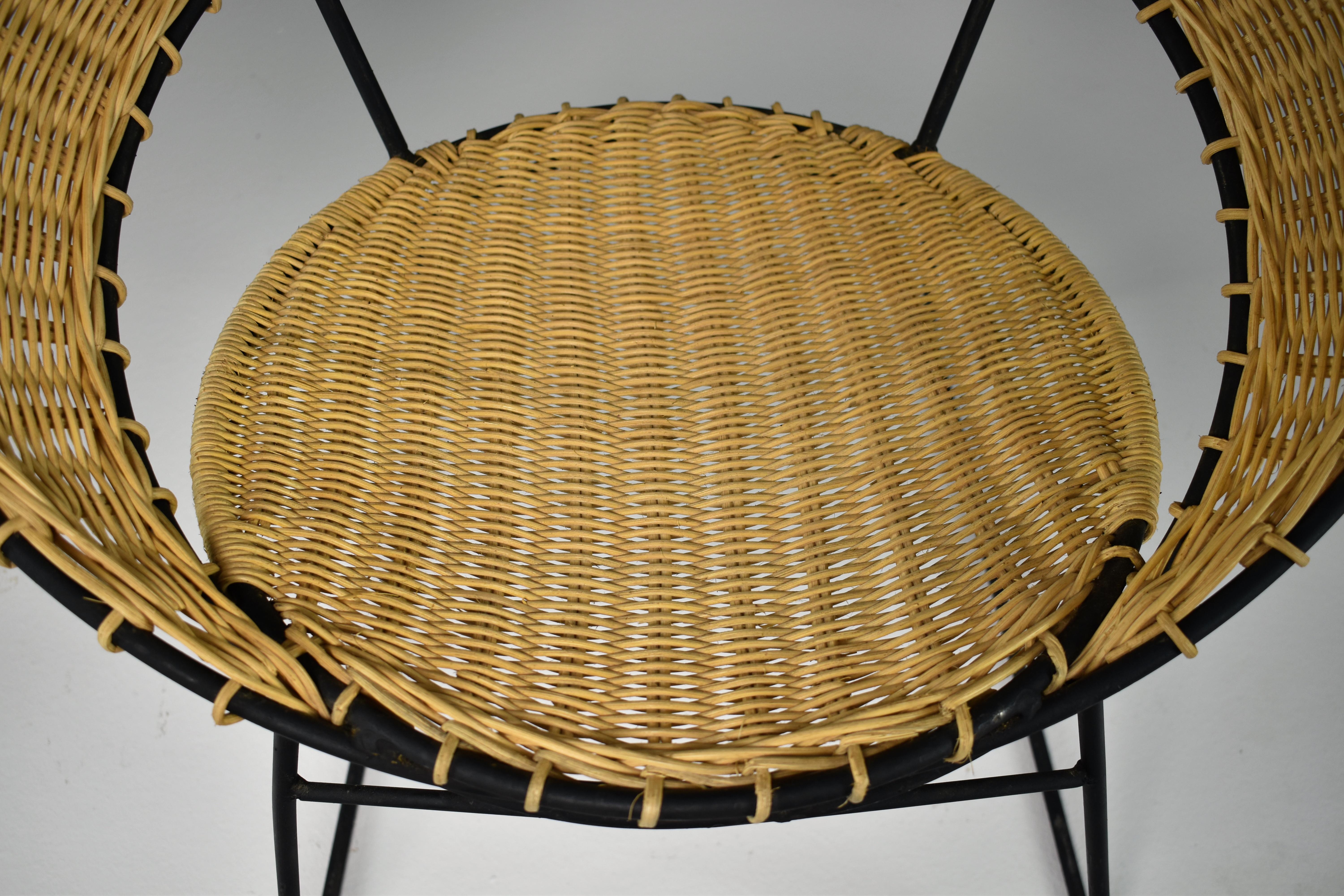 Steel 1950's French Rattan Chair and Table with Magazine Rack Set Raoul Guys For Sale
