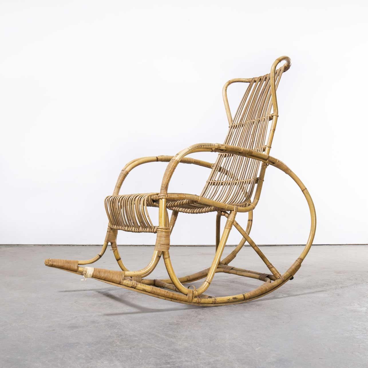 Mid-20th Century 1950's French Rattan Rocking Chair, Hoop Arms For Sale