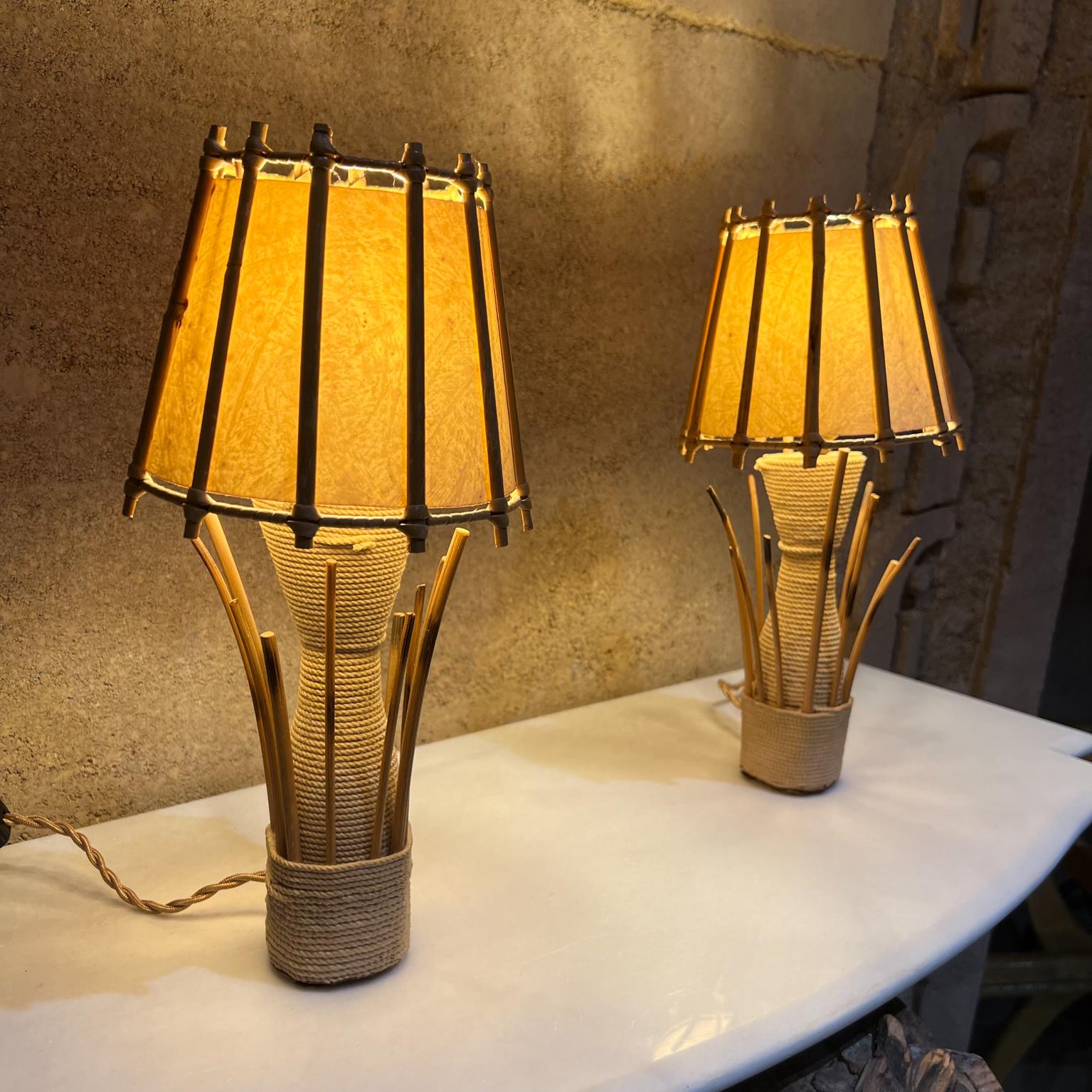 Mid-Century Modern 1950s French Rattan Woven Table Lamps Style of Louis Sognot France