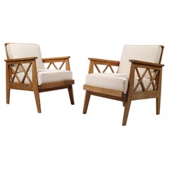 1950s French Reconstruction Style Oak Mid Century Armchairs