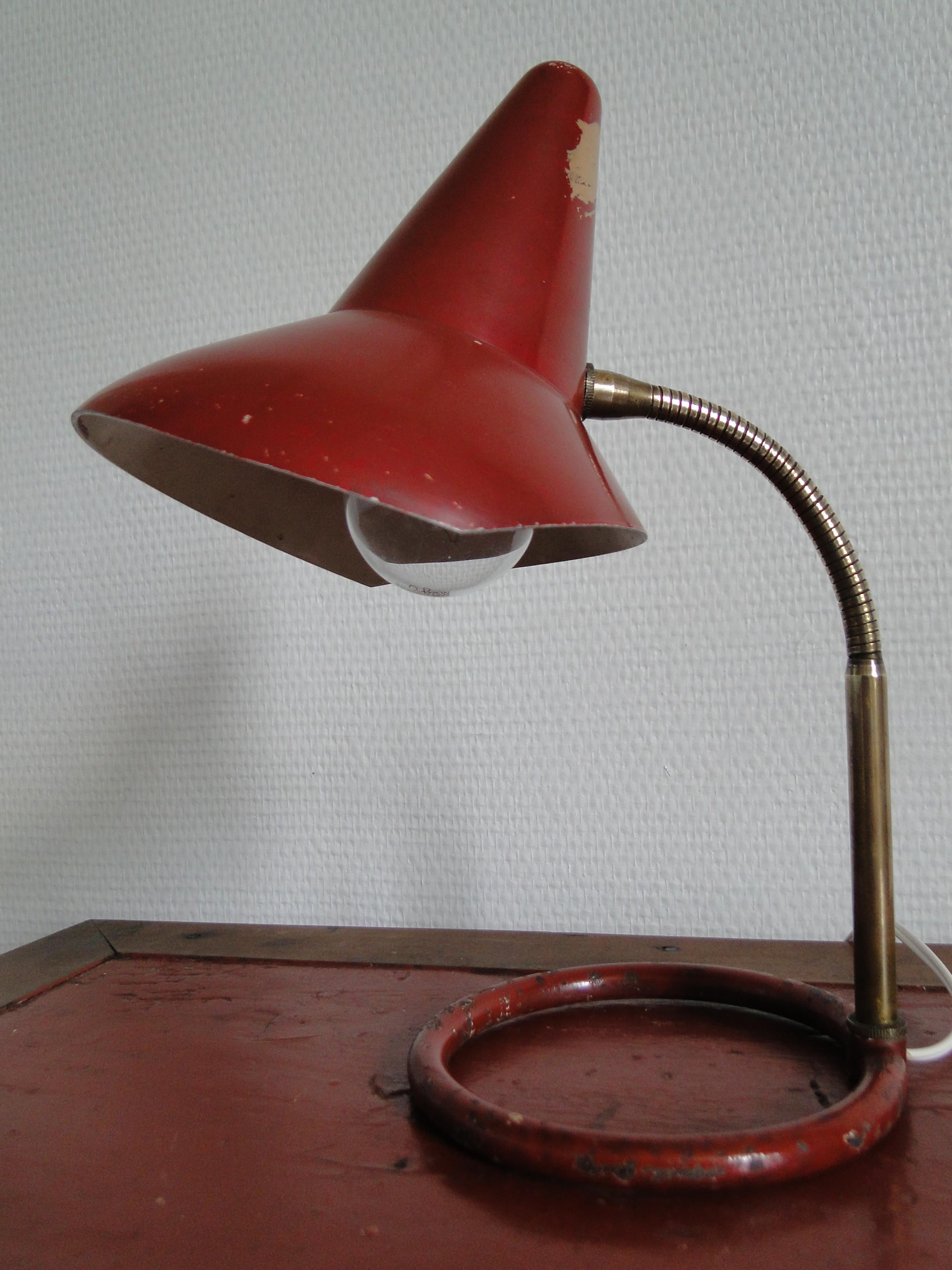 20th Century  Jacques Biny France  Attributed to  Red Adjustable Table Lamp For Sale