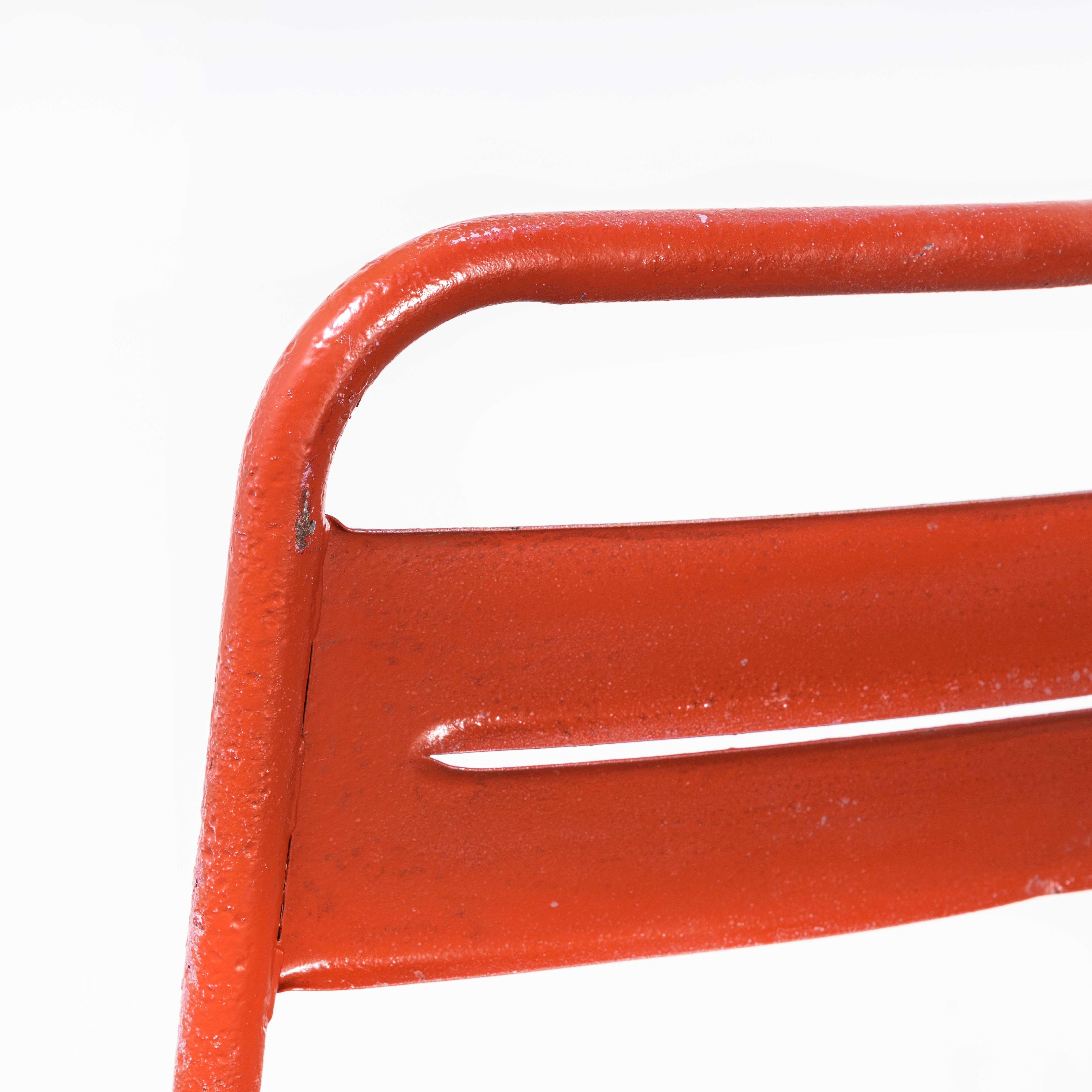 1950’s French red metal outdoor dining chairs – set of five
1950’s French red metal outdoor dining chairs – set of five. Similar to Tolix but not made by Tolix, these chairs were industrially produced in France in the fifties. Good strong original