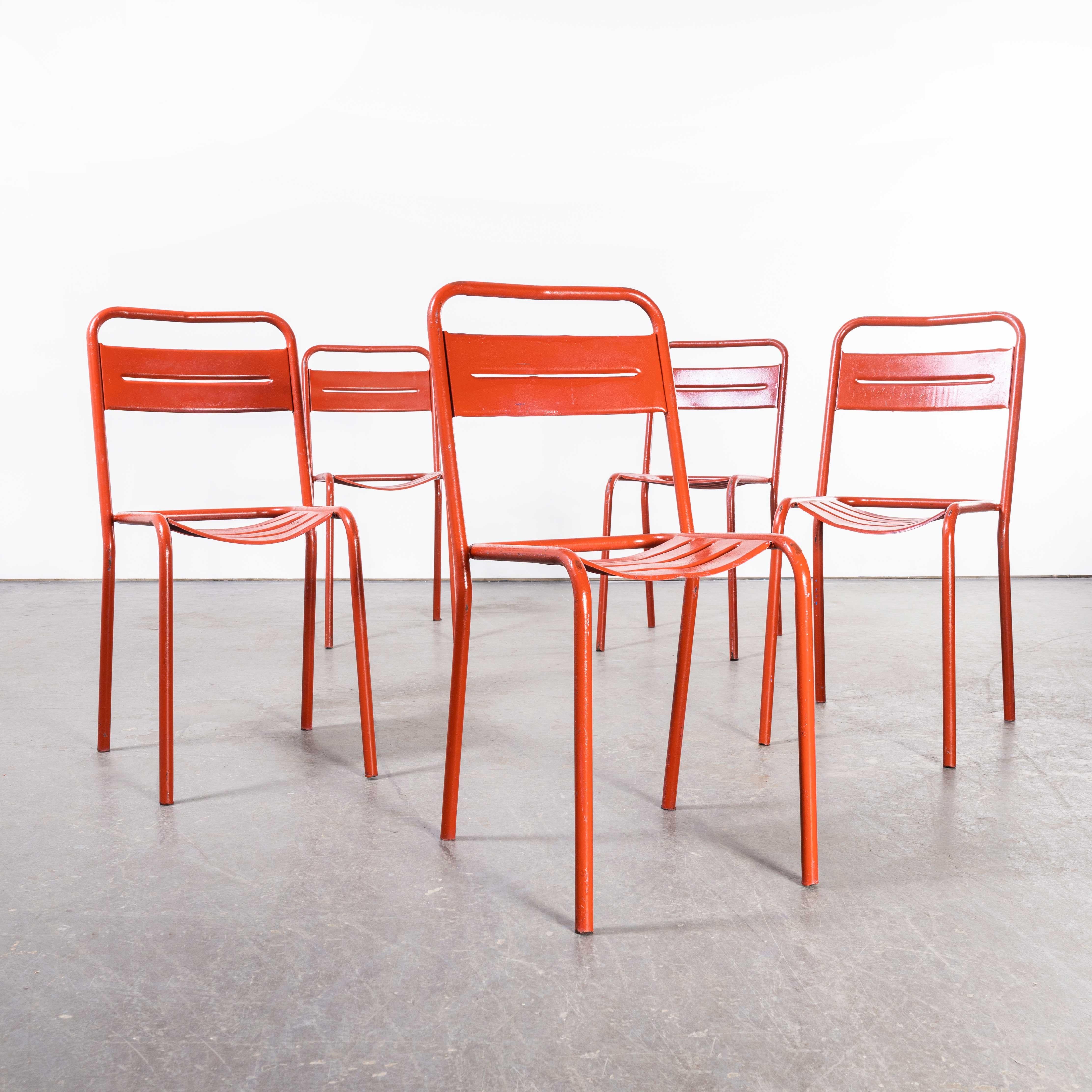 Mid-20th Century 1950's French Red Metal Outdoor Dining Chairs, Set of Five For Sale