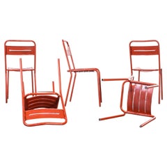 1950's French Red Metal Outdoor Dining Chairs, Set of Five