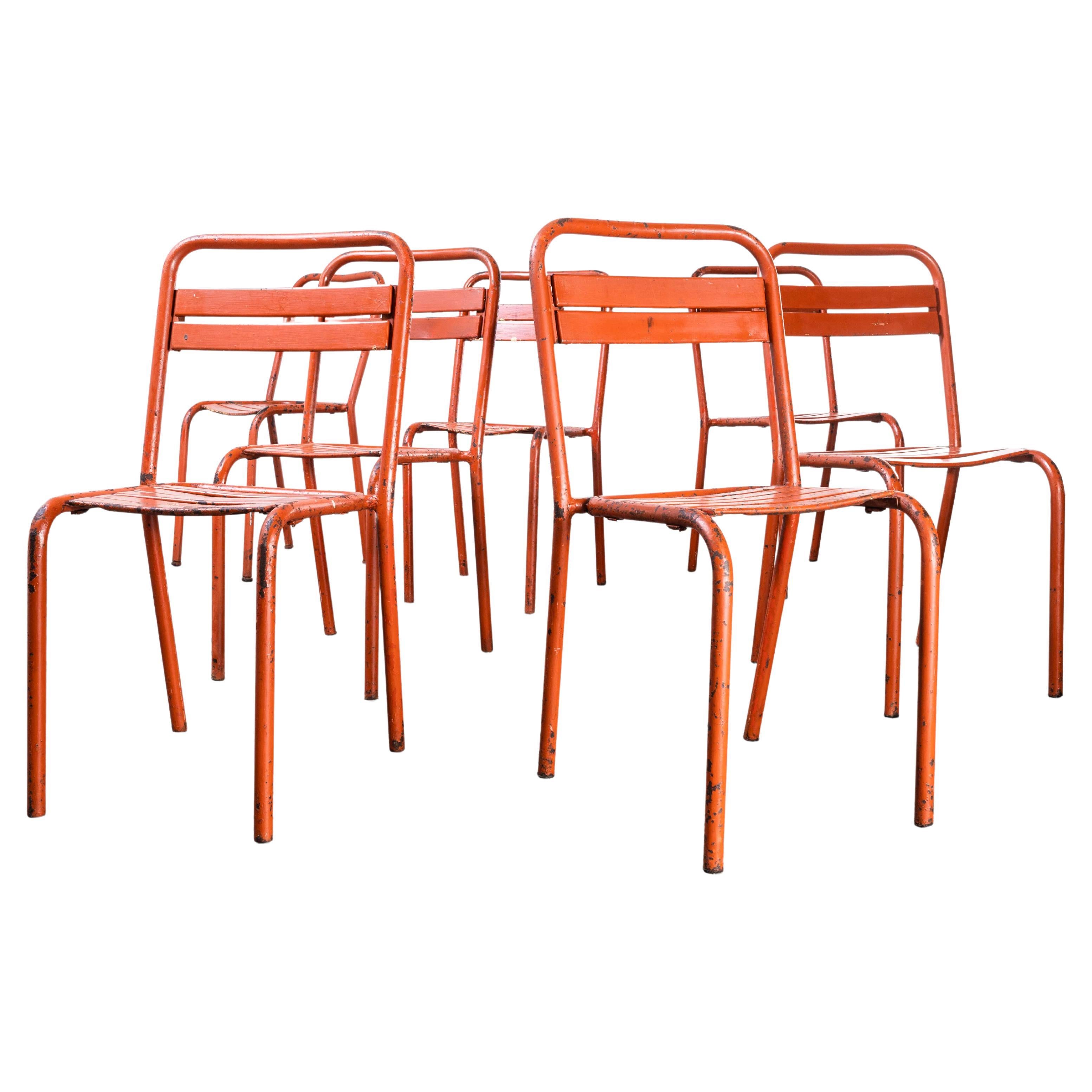 1950
s French Red Metal Outdoor Dining Chairs, Set of Seven