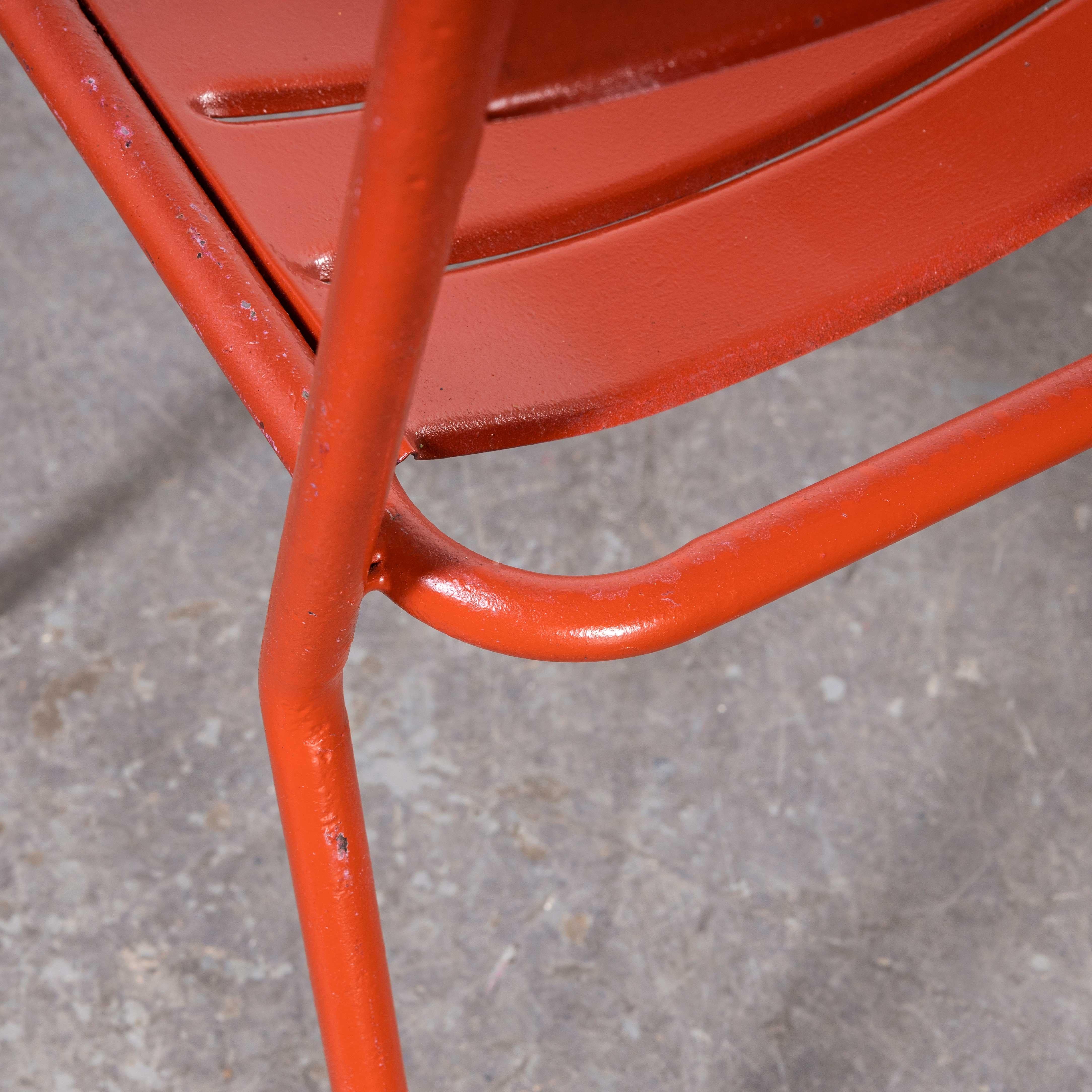1950’s French red metal outdoor dining chairs – set of six.
1950’s French red metal outdoor dining chairs – set of six. Similar to Tolix but not made by Tolix, these chairs were industrially produced in France in the fifties. Good strong original