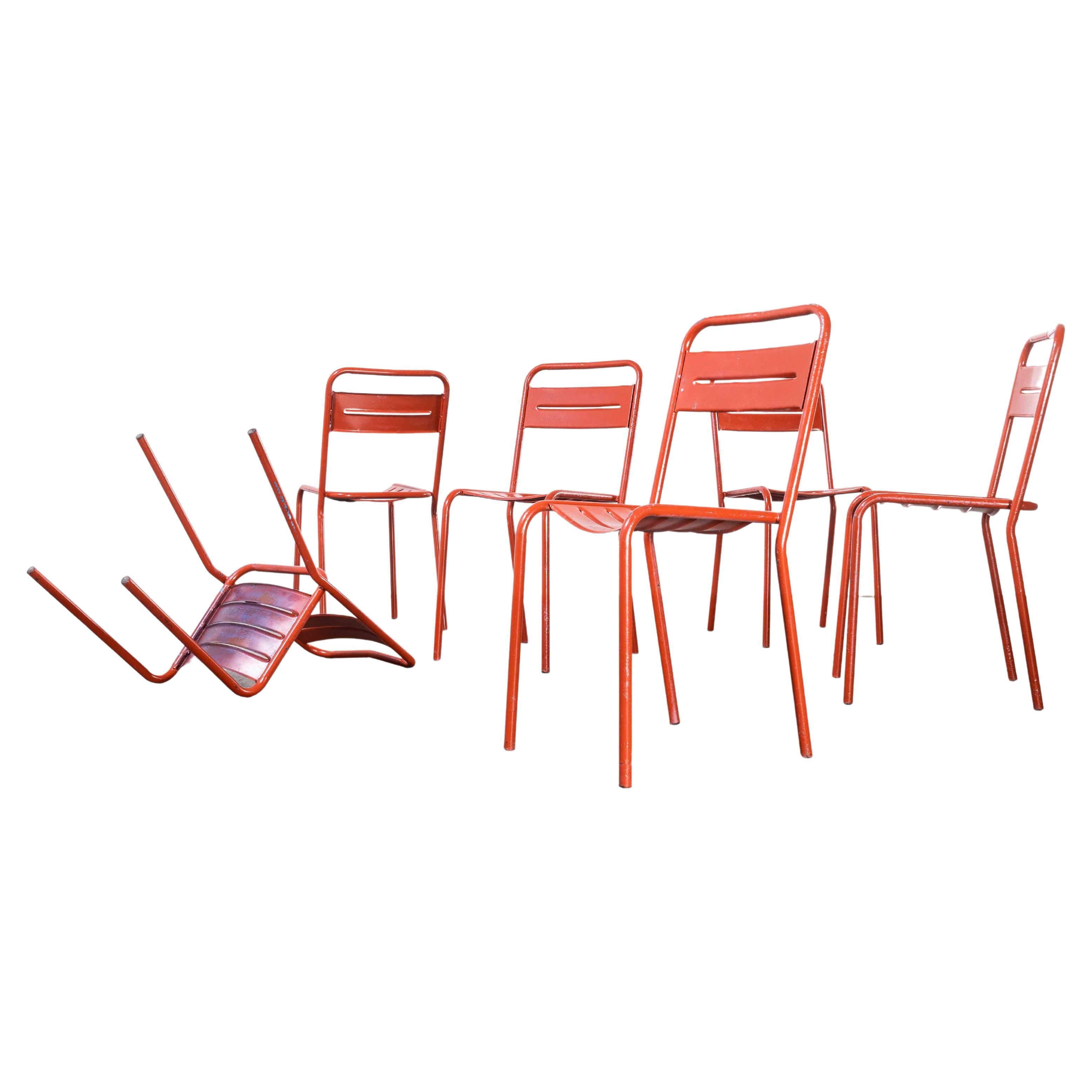 1950's, French, Red Metal Outdoor Dining Chairs, Set of Six