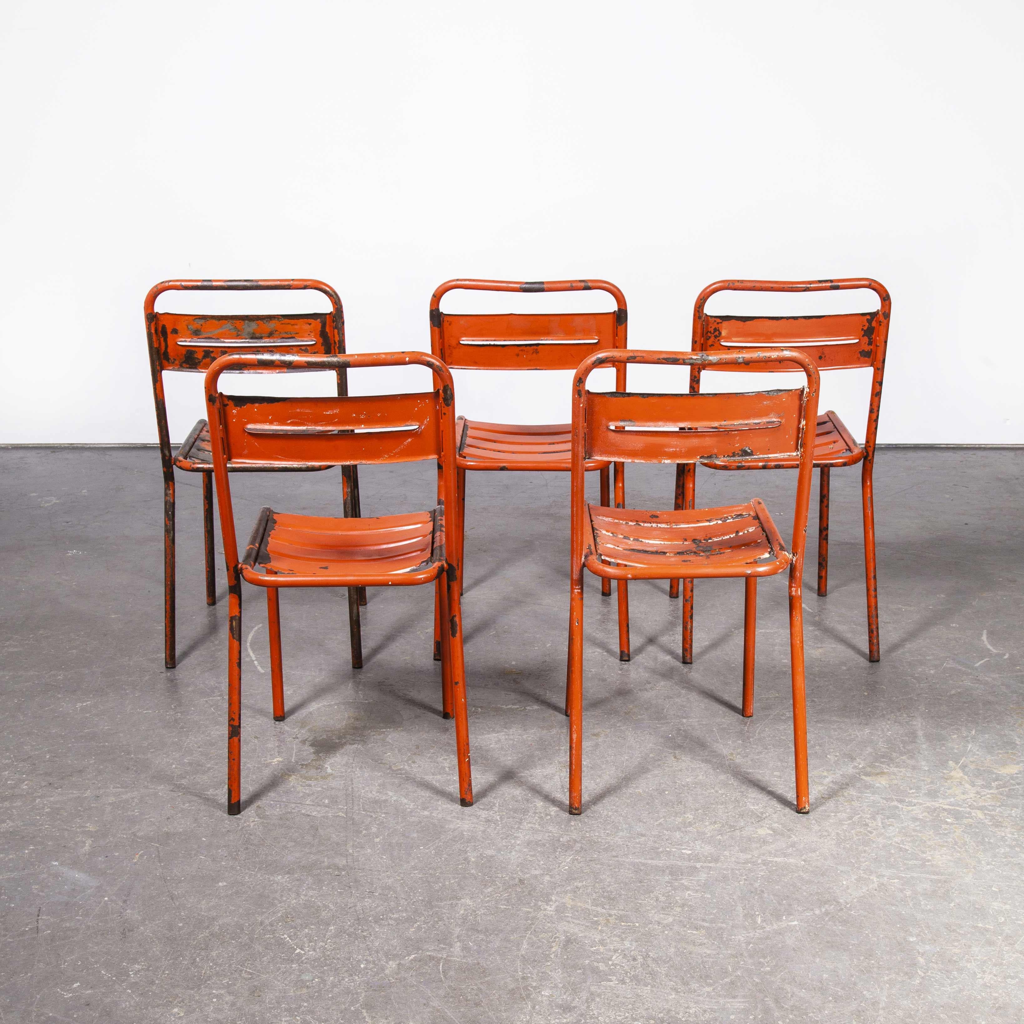 1950's French Red Metal Stacking Outdoor Chairs, Set of Five In Good Condition In Hook, Hampshire