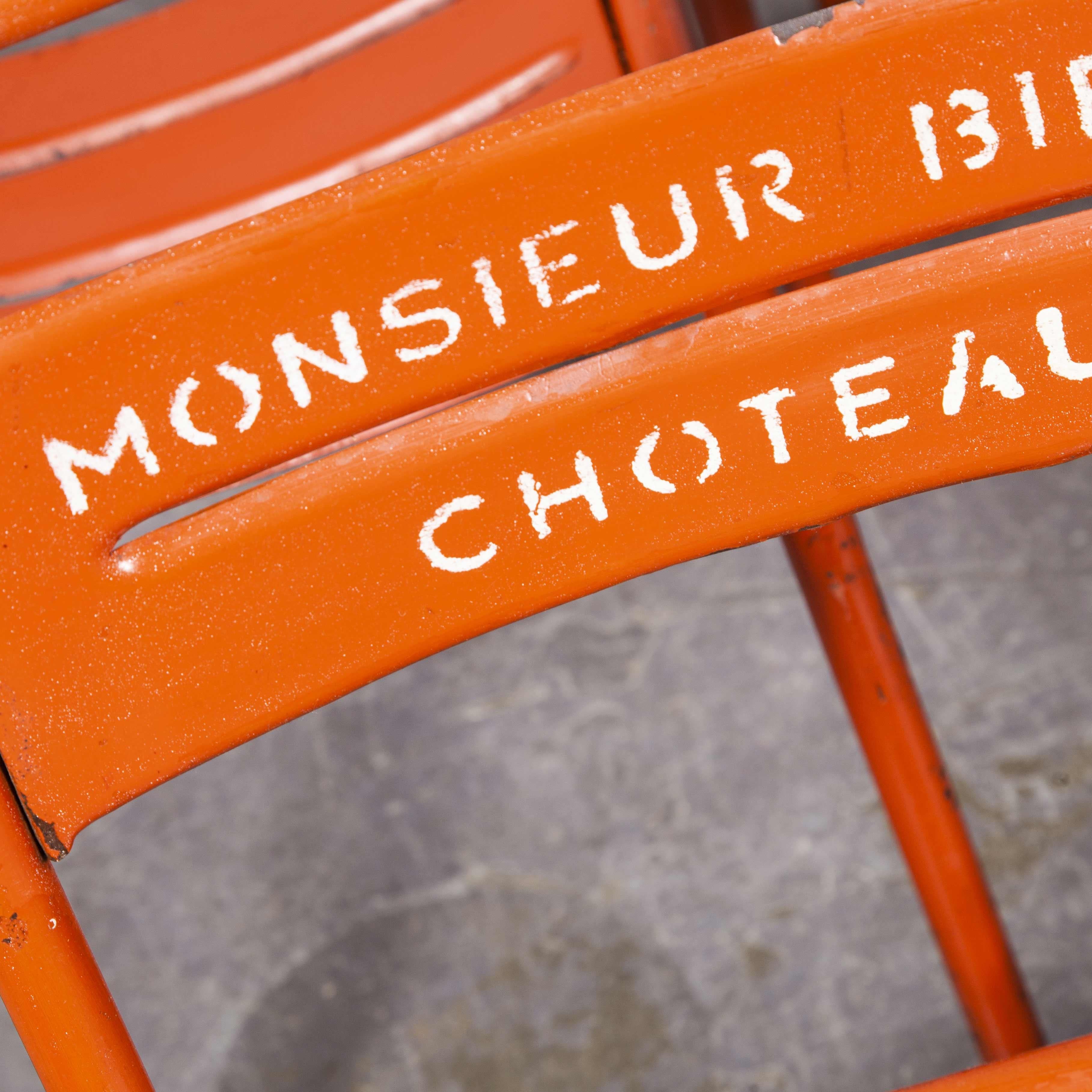 1950's French red metal stacking outdoor chairs, set of seven

1950's French red metal stacking outdoor chairs, set of seven. Reminiscent of Tolix but not made by Tolix, this chair was industrially produced in the 1950’s by various workshops in