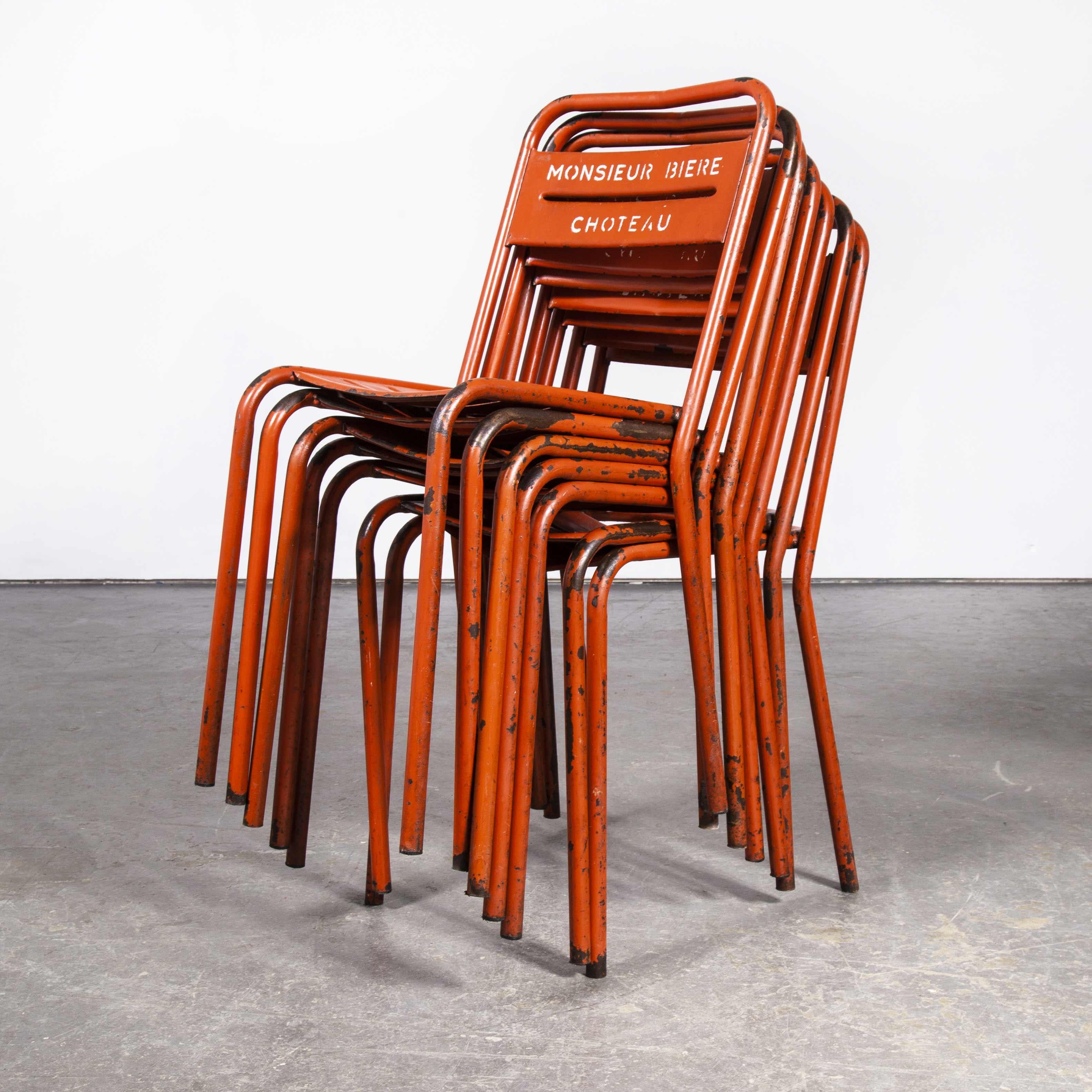 1950's French Red Metal Stacking Outdoor Chairs, Set of Seven 1