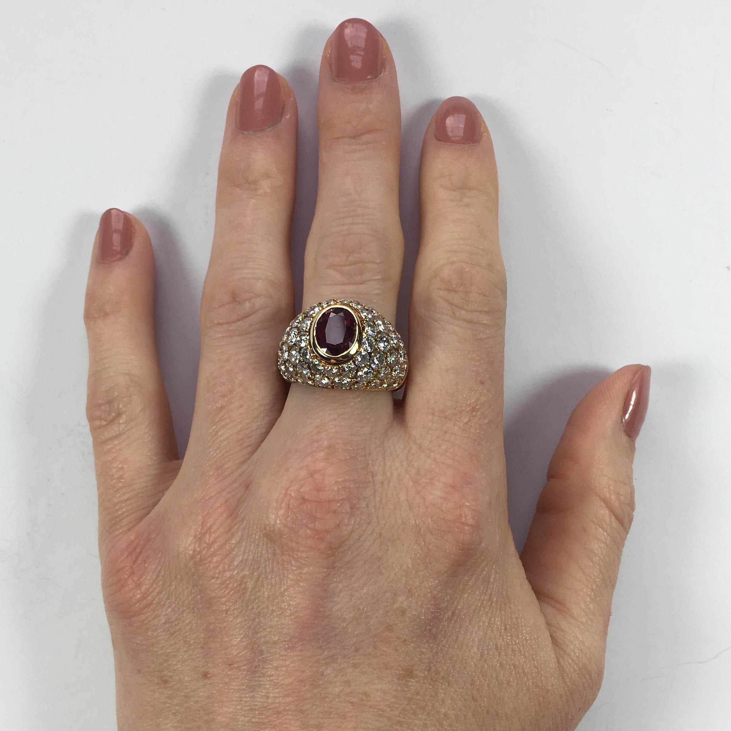 1950s French Red Ruby White Diamond Gold Bombe Ring 5