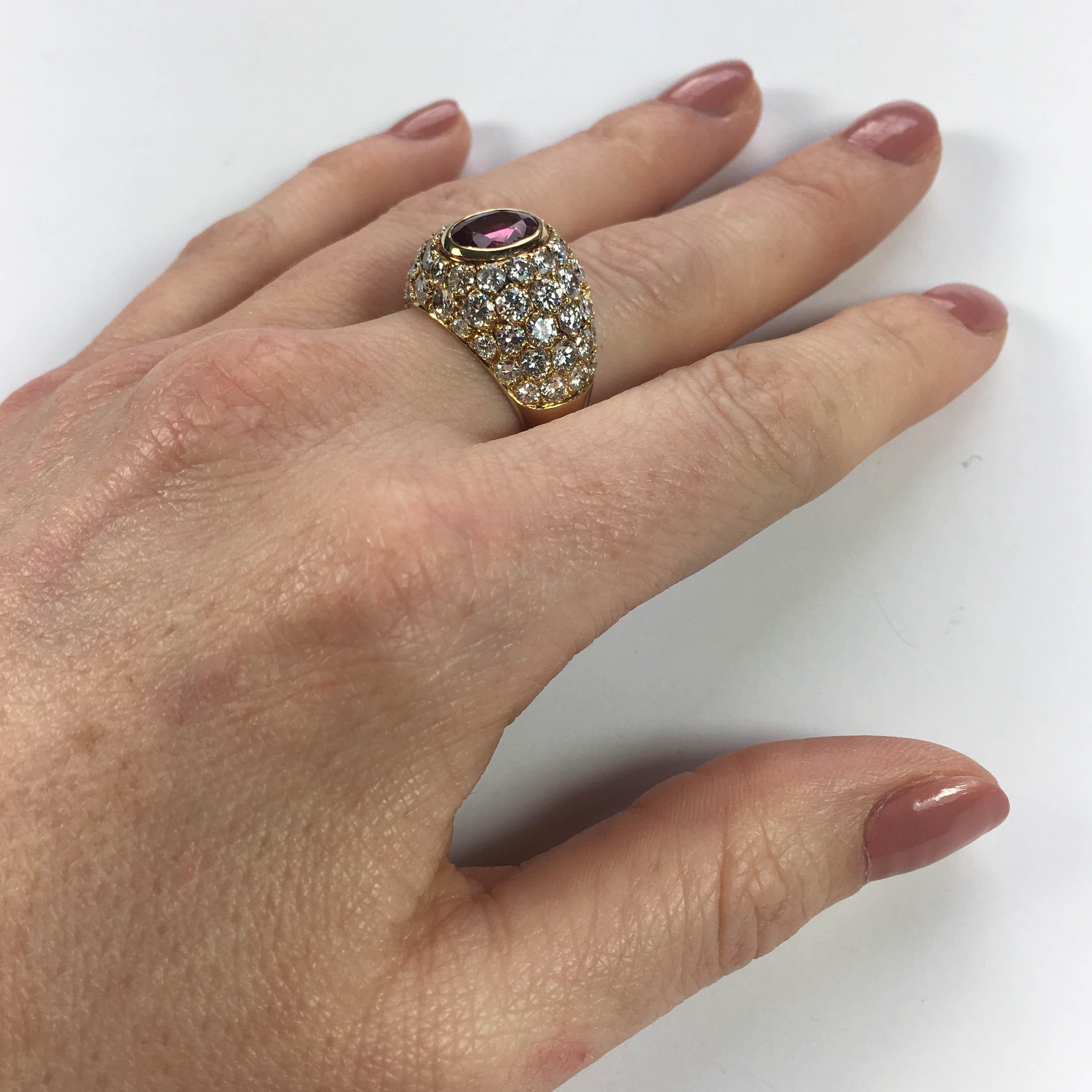 1950s French Red Ruby White Diamond Gold Bombe Ring 7