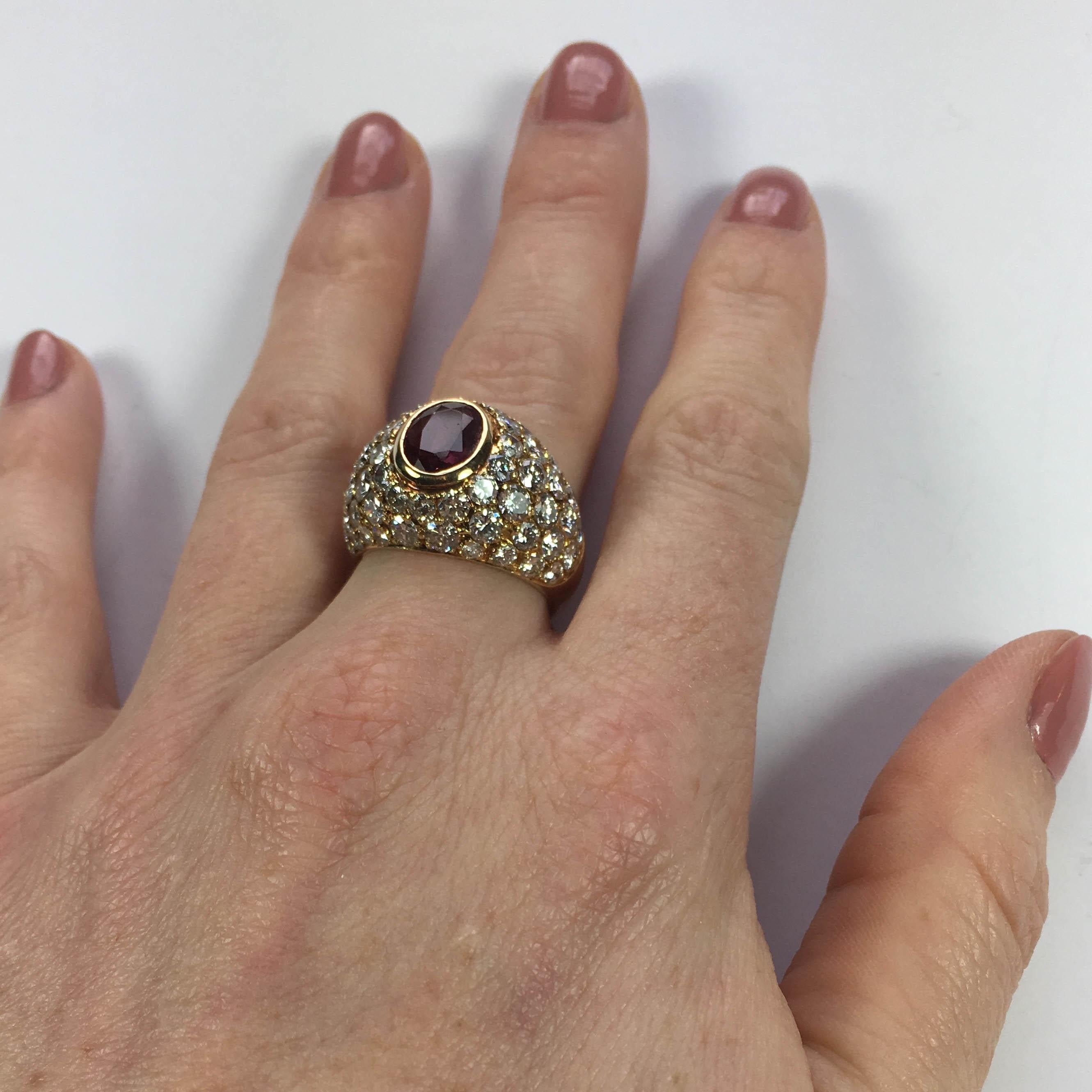 1950s French Red Ruby White Diamond Gold Bombe Ring 8