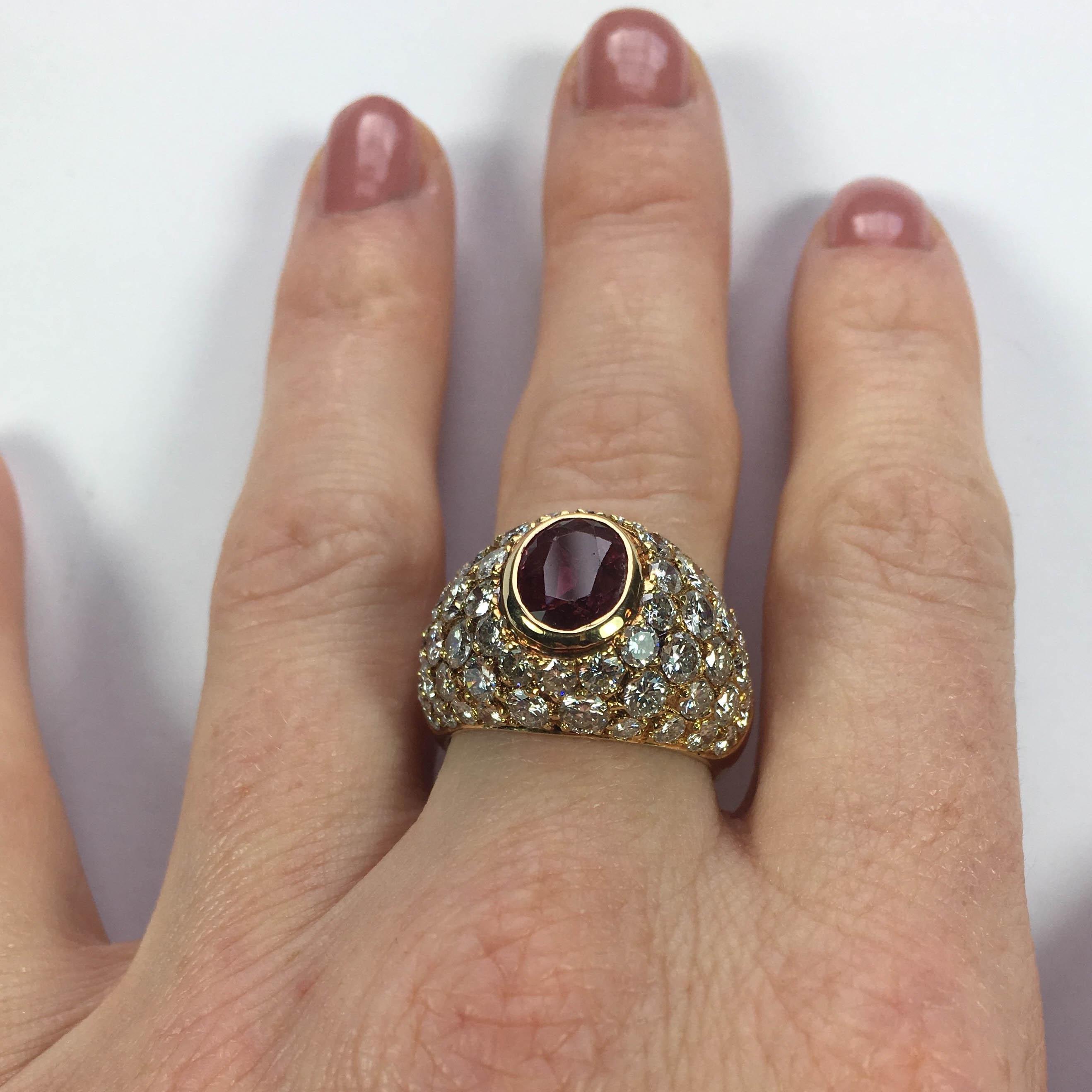 1950s French Red Ruby White Diamond Gold Bombe Ring 9