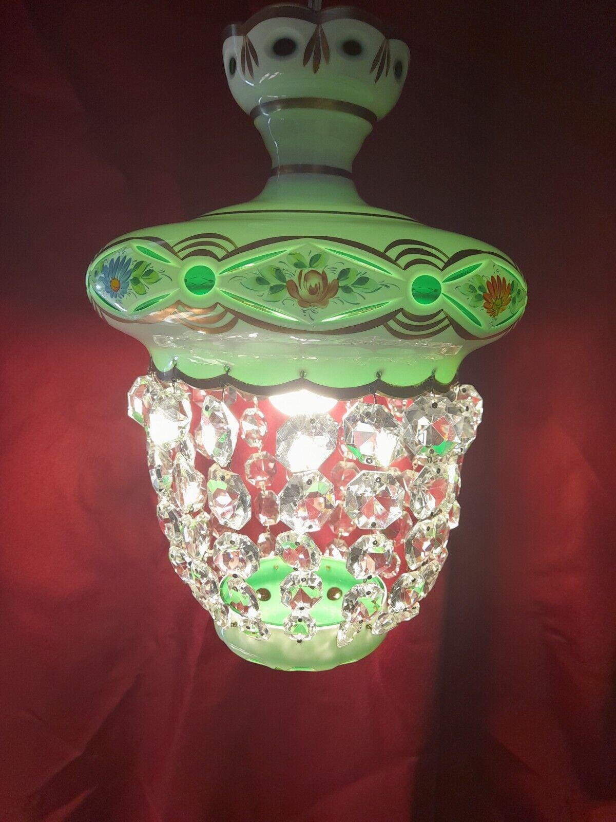 Hollywood Regency 1950's French Regency Opaline Glass Cut to Emerald - Glass Strand - Lantern For Sale