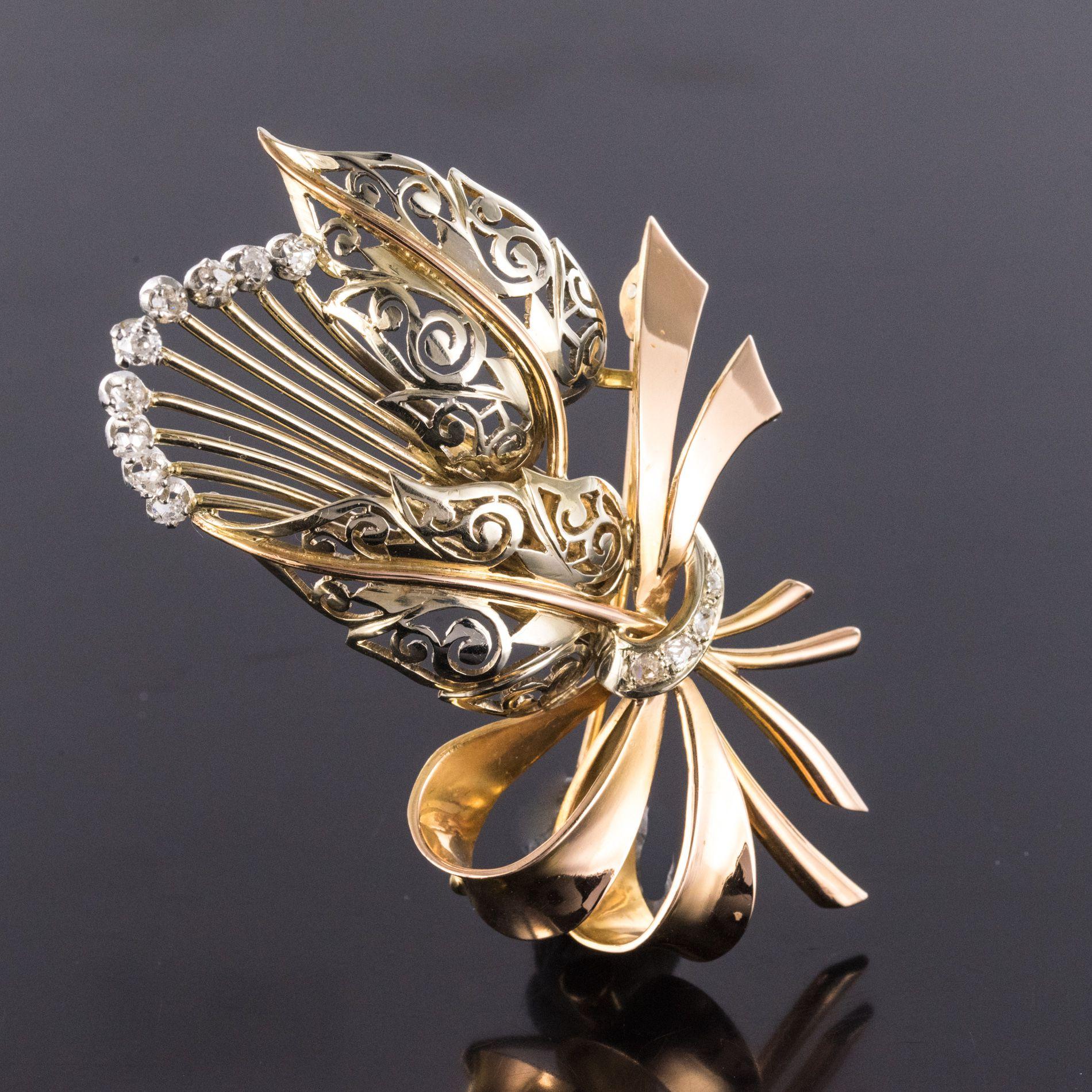 Women's 1950s French Retro Floral Bouquet Diamond 2 Gold Brooch