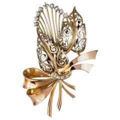 1950s French Vintage Floral Bouquet Diamond 2 Gold Brooch