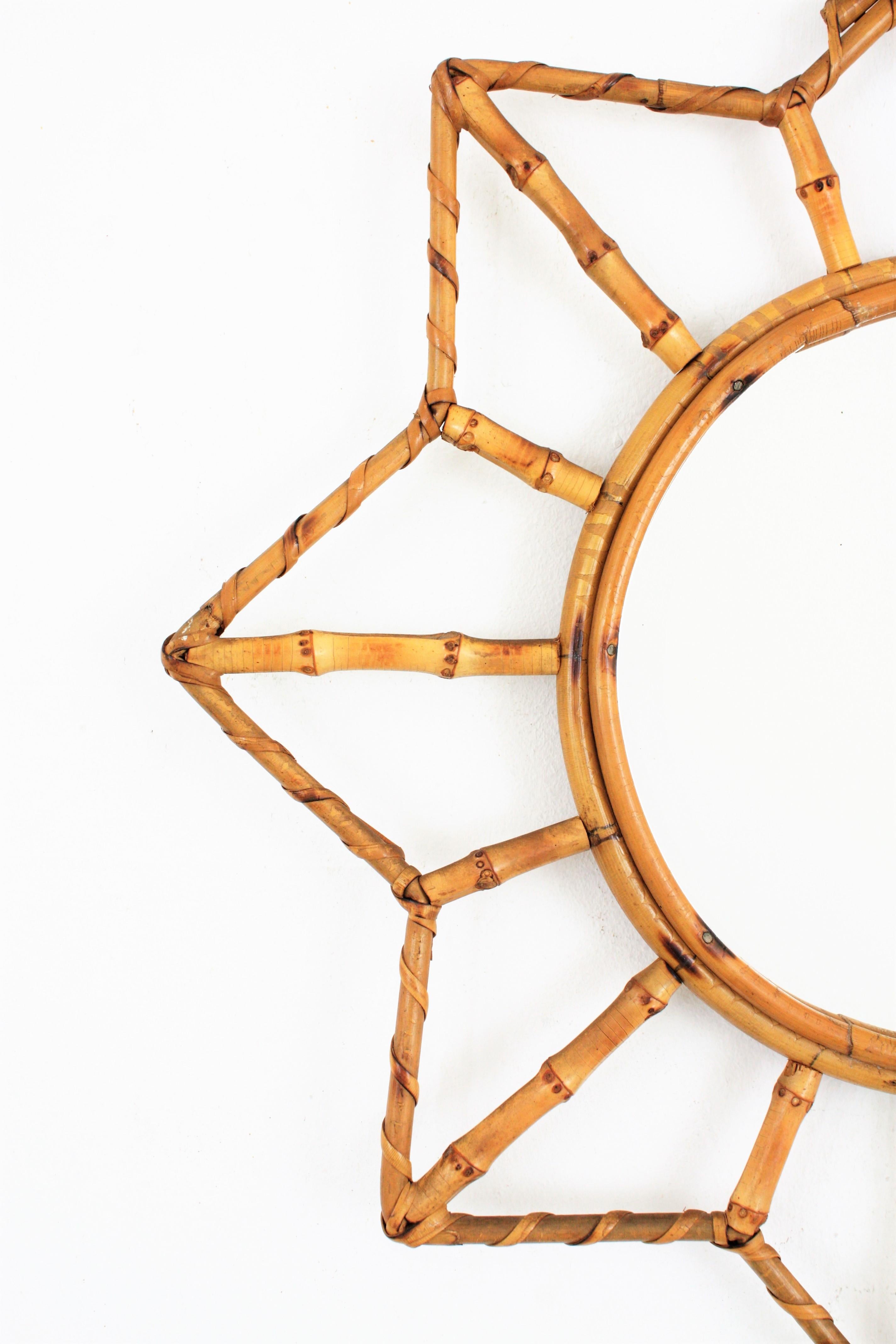 Mid-Century Modern 1950s French Riviera Bamboo and Rattan Sunburst Starburst Mirror