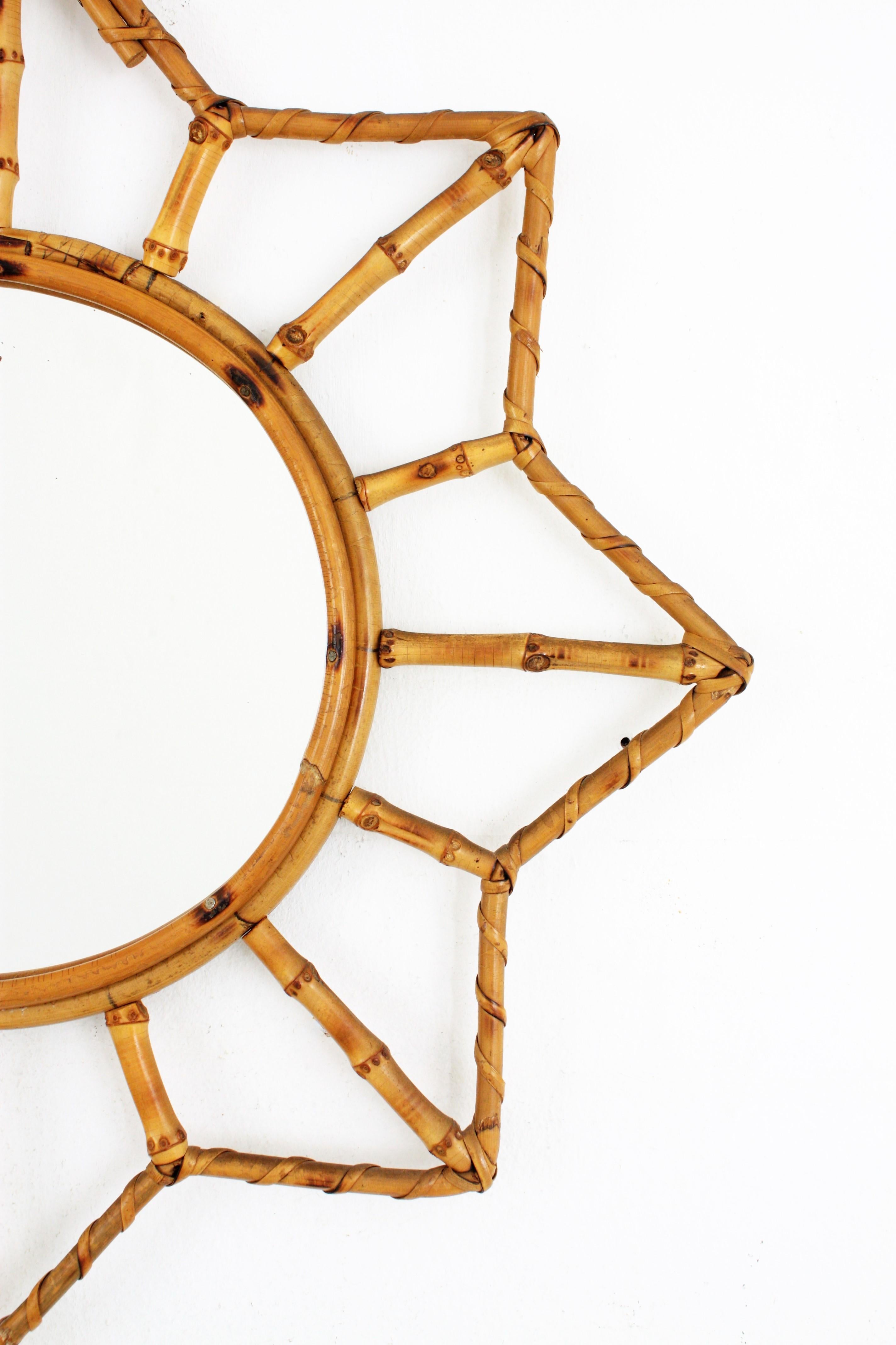Hand-Crafted 1950s French Riviera Bamboo and Rattan Sunburst Starburst Mirror