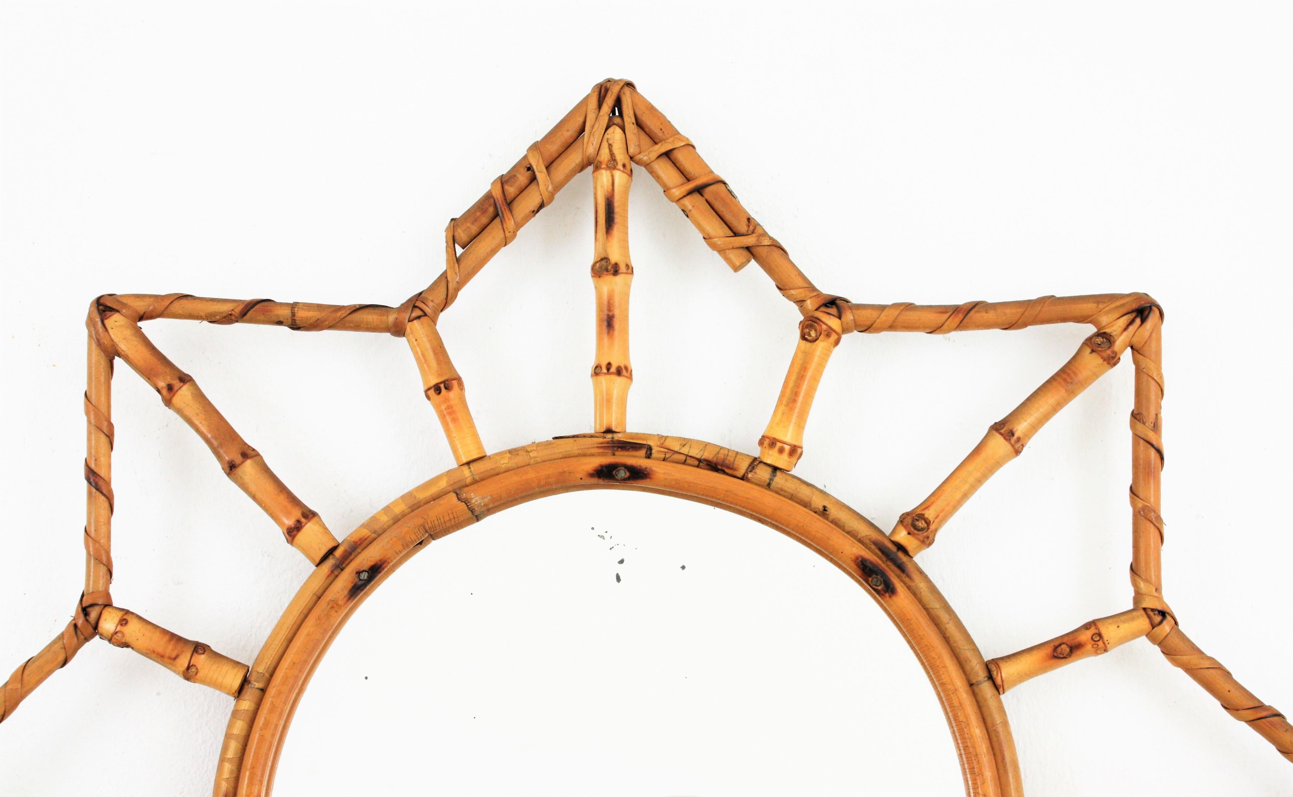 20th Century 1950s French Riviera Bamboo and Rattan Sunburst Starburst Mirror