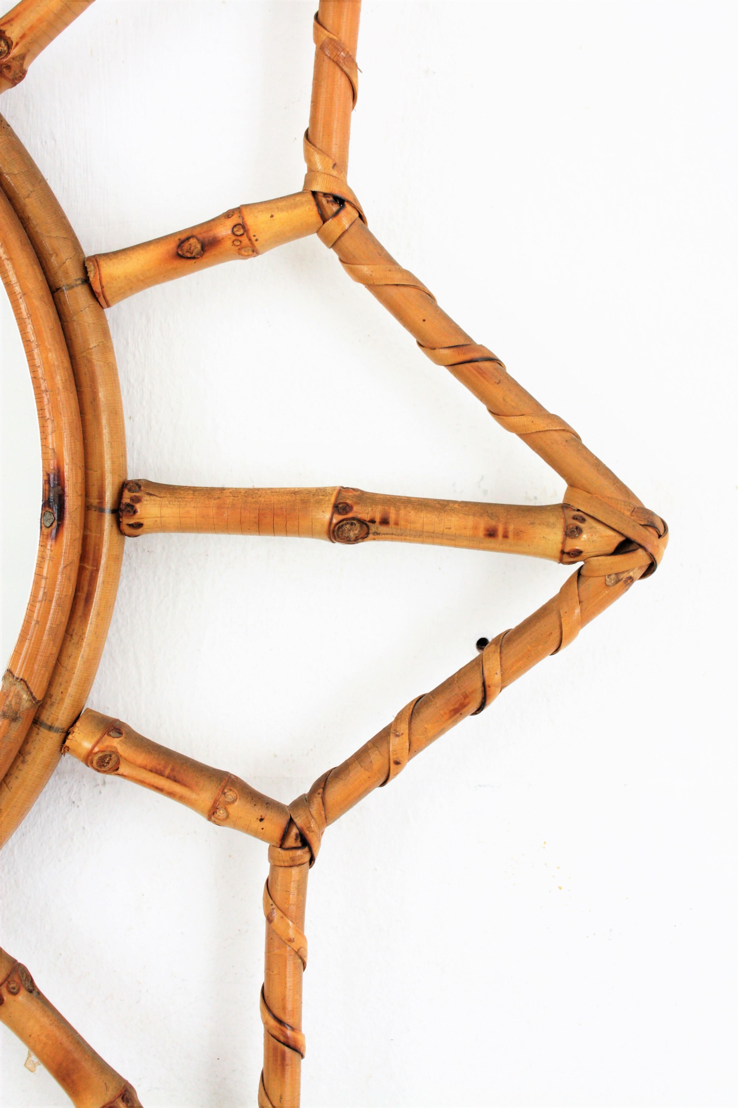 1950s French Riviera Bamboo and Rattan Sunburst Starburst Mirror 1