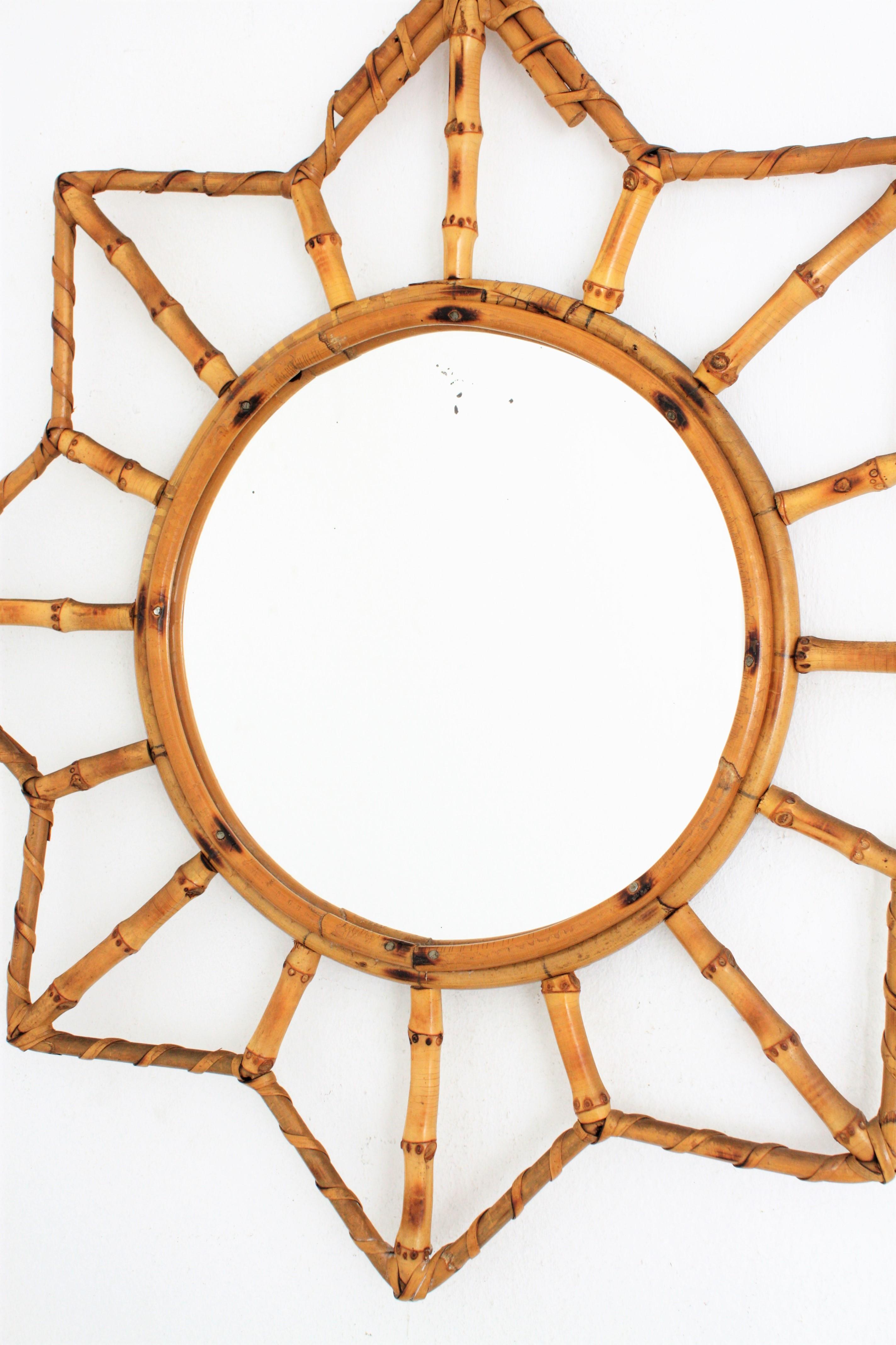 1950s French Riviera Bamboo and Rattan Sunburst Starburst Mirror 2