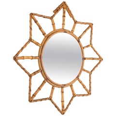 1950s French Riviera Bamboo and Rattan Sunburst Starburst Mirror