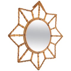 1950s French Riviera Bamboo and Rattan Sunburst Starburst Mirror