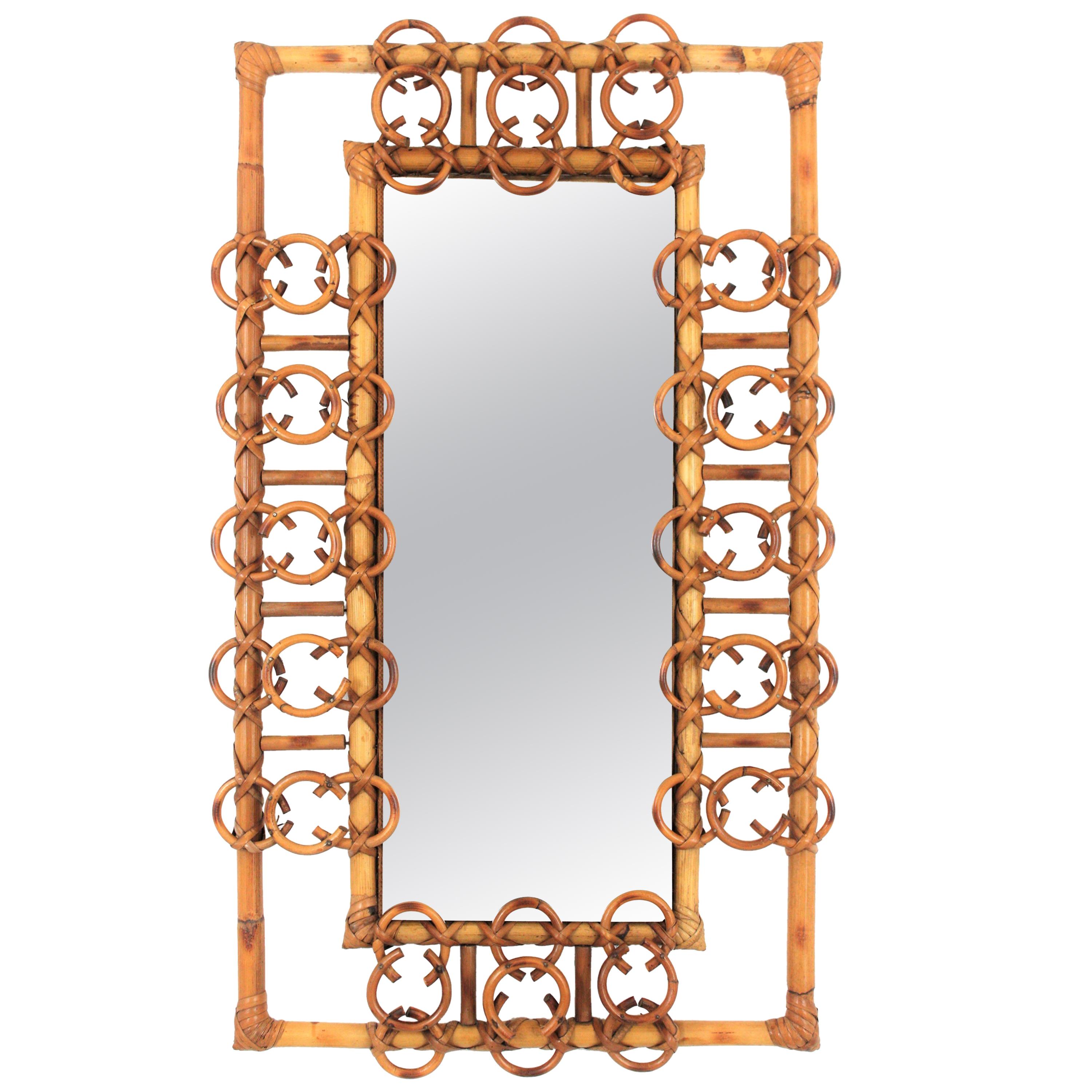 Rattan and Bamboo Round Mirror with Chained Circles Frame For Sale at