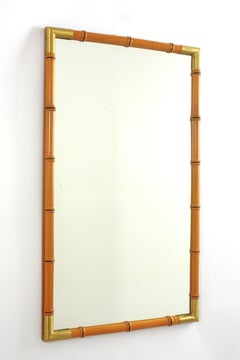 1950s French Riviera Faux Bamboo Rectangular Mirror in Wood and Brass Corners