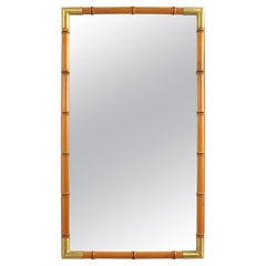 1950s French Riviera Faux Bamboo Rectangular Mirror in Wood and Brass Corners