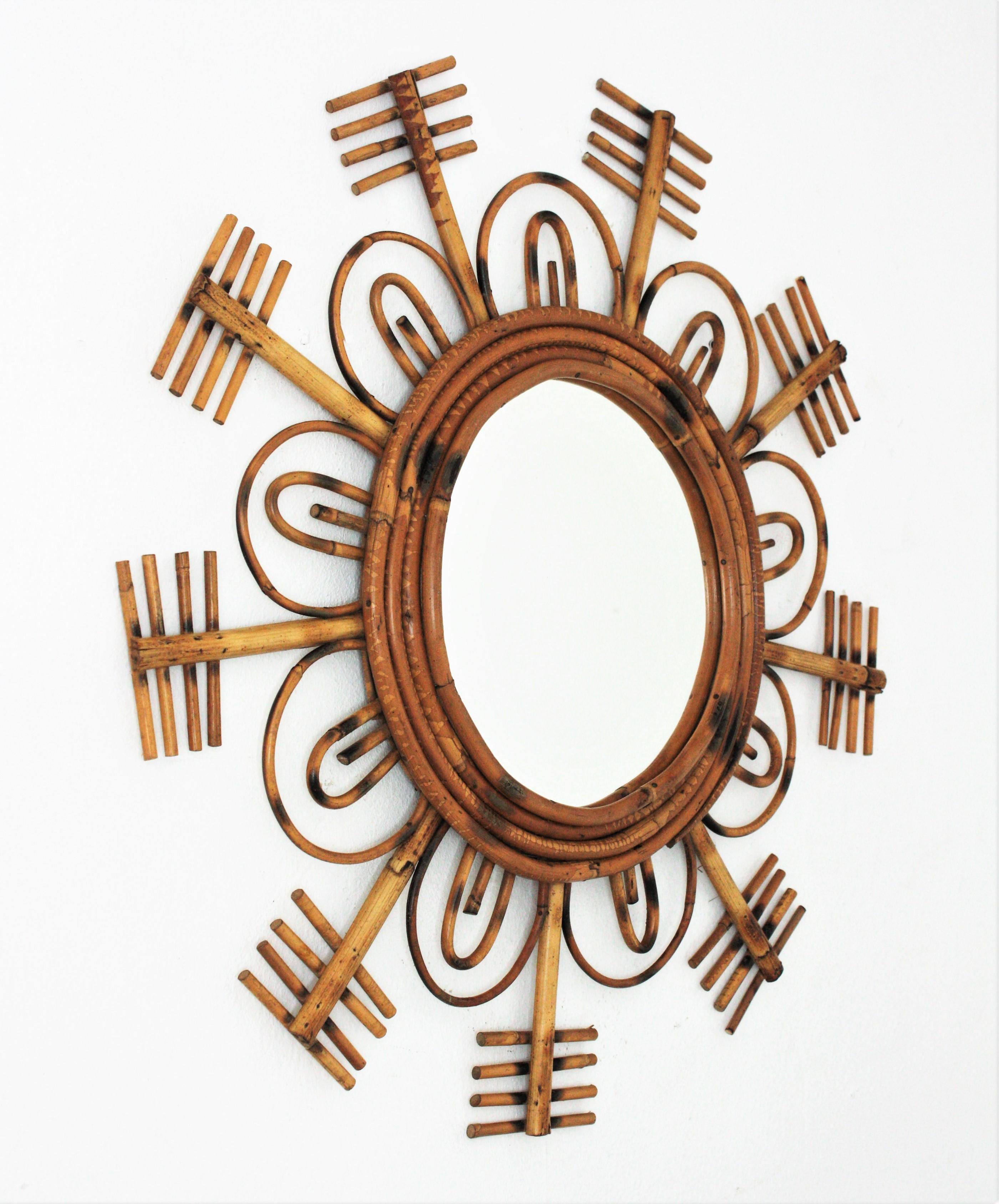 Mid-Century Modern 1950s French Riviera Rattan Flower Burst Sunburst Mirror