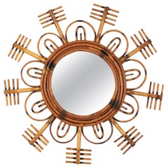 1950s French Riviera Rattan Flower Burst Sunburst Mirror