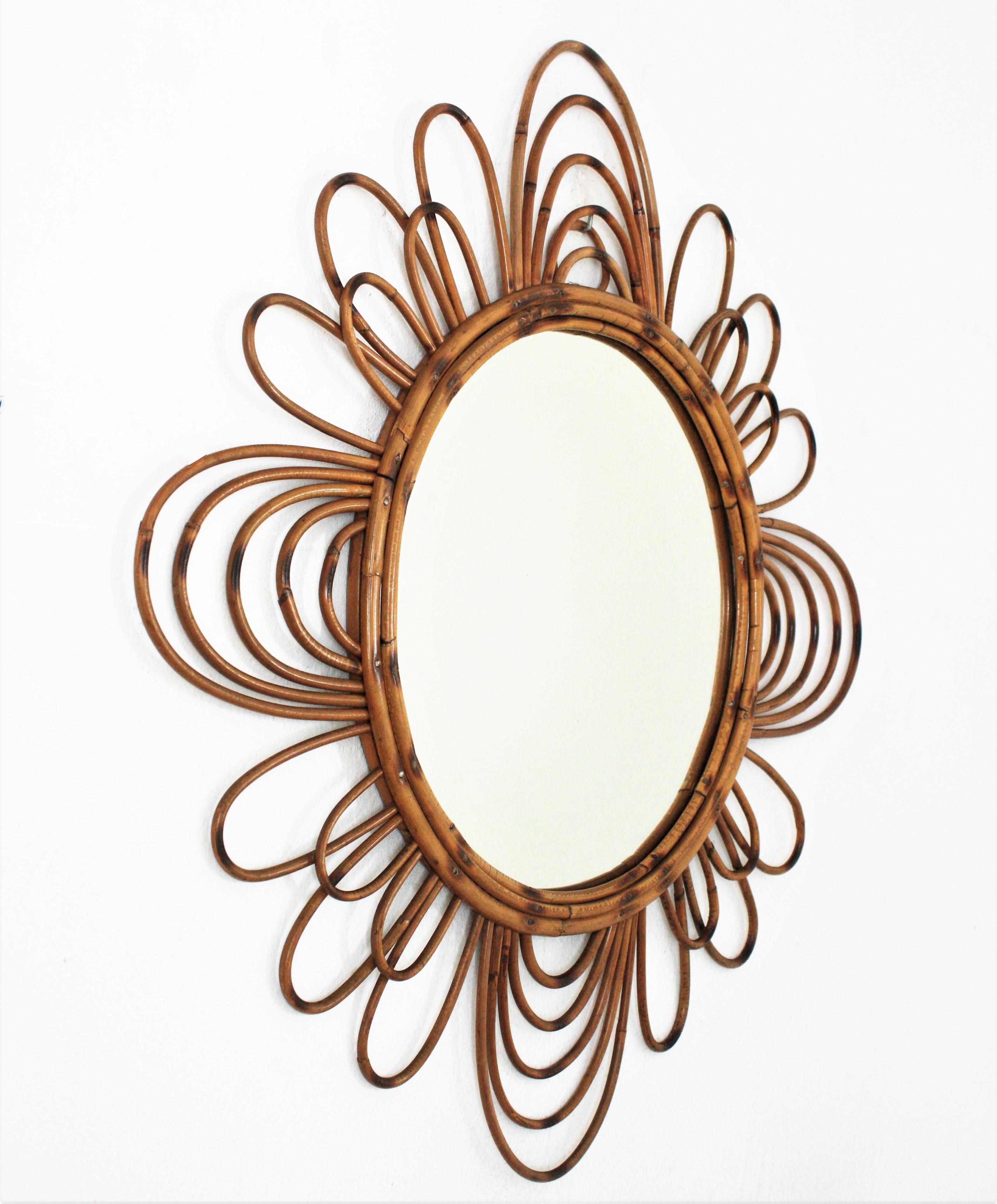 Mid-Century Modern 1950s French Riviera Rattan Sunburst Flower Mirror For Sale