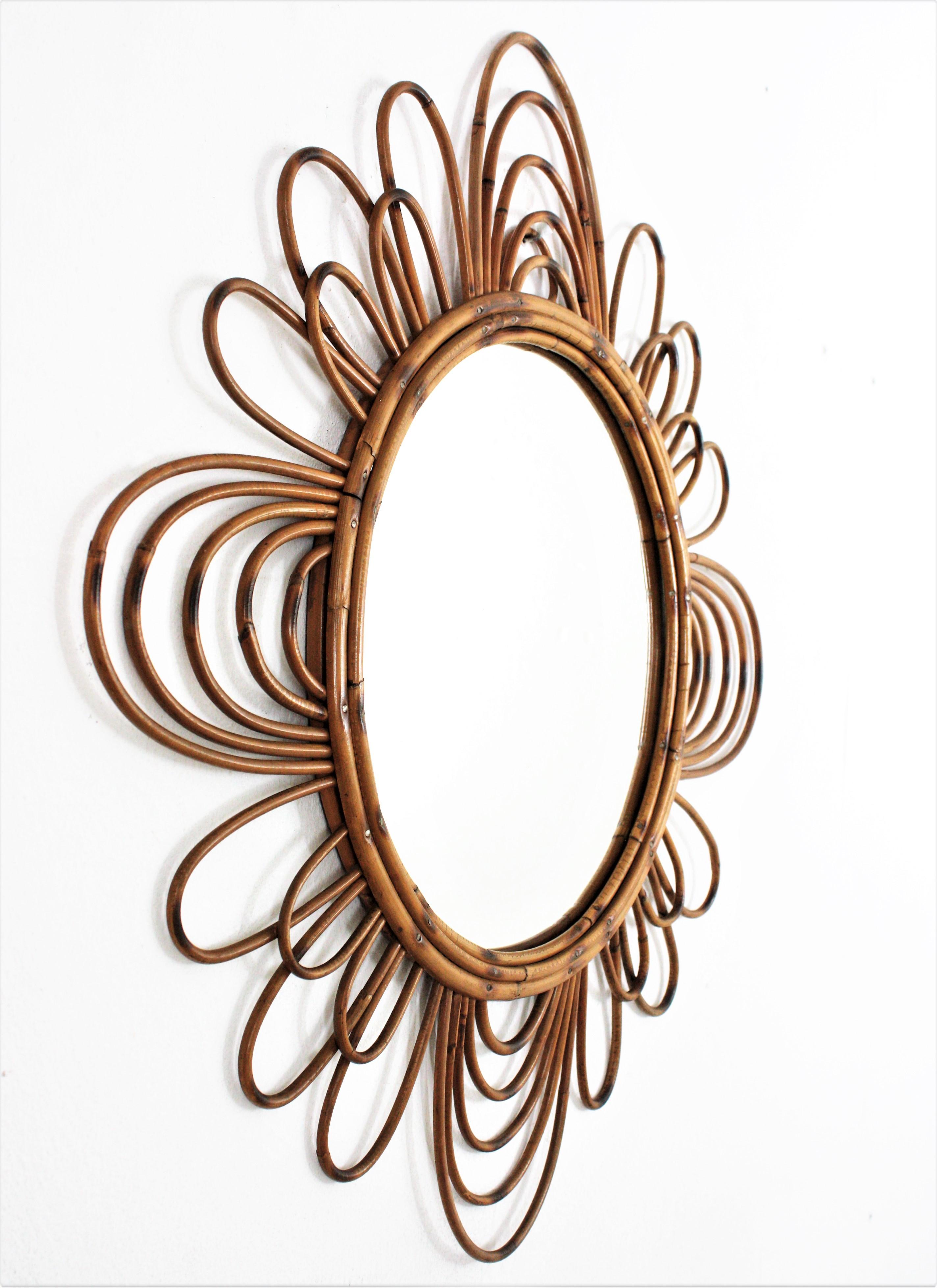 Hand-Crafted 1950s French Riviera Rattan Sunburst Flower Mirror For Sale