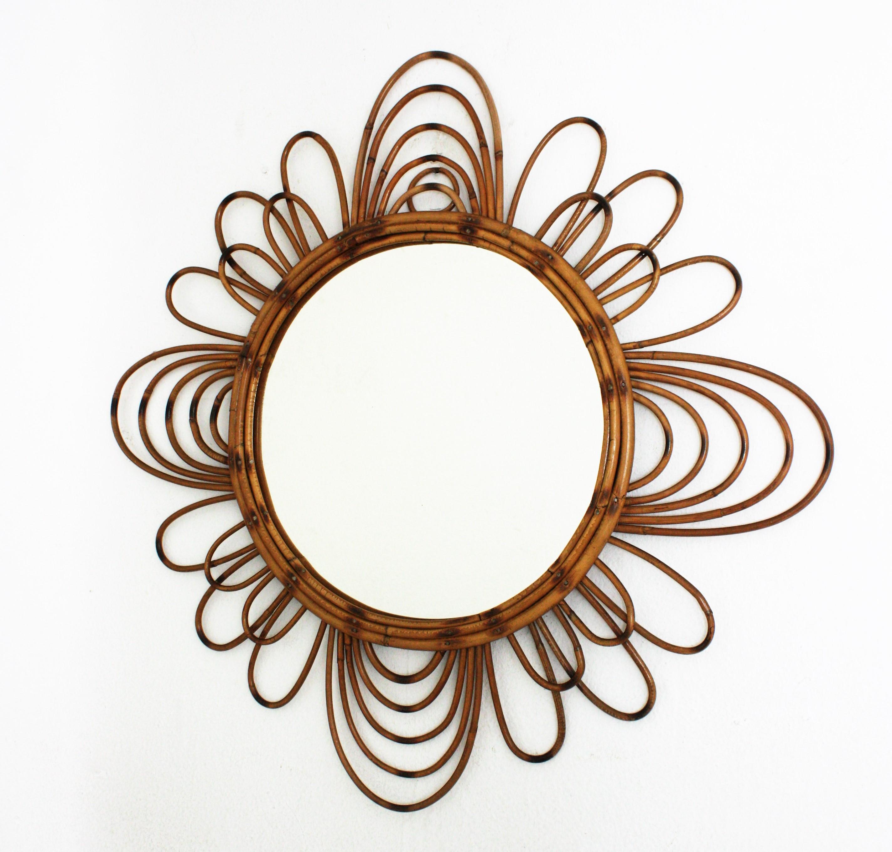Cane 1950s French Riviera Rattan Sunburst Flower Mirror For Sale