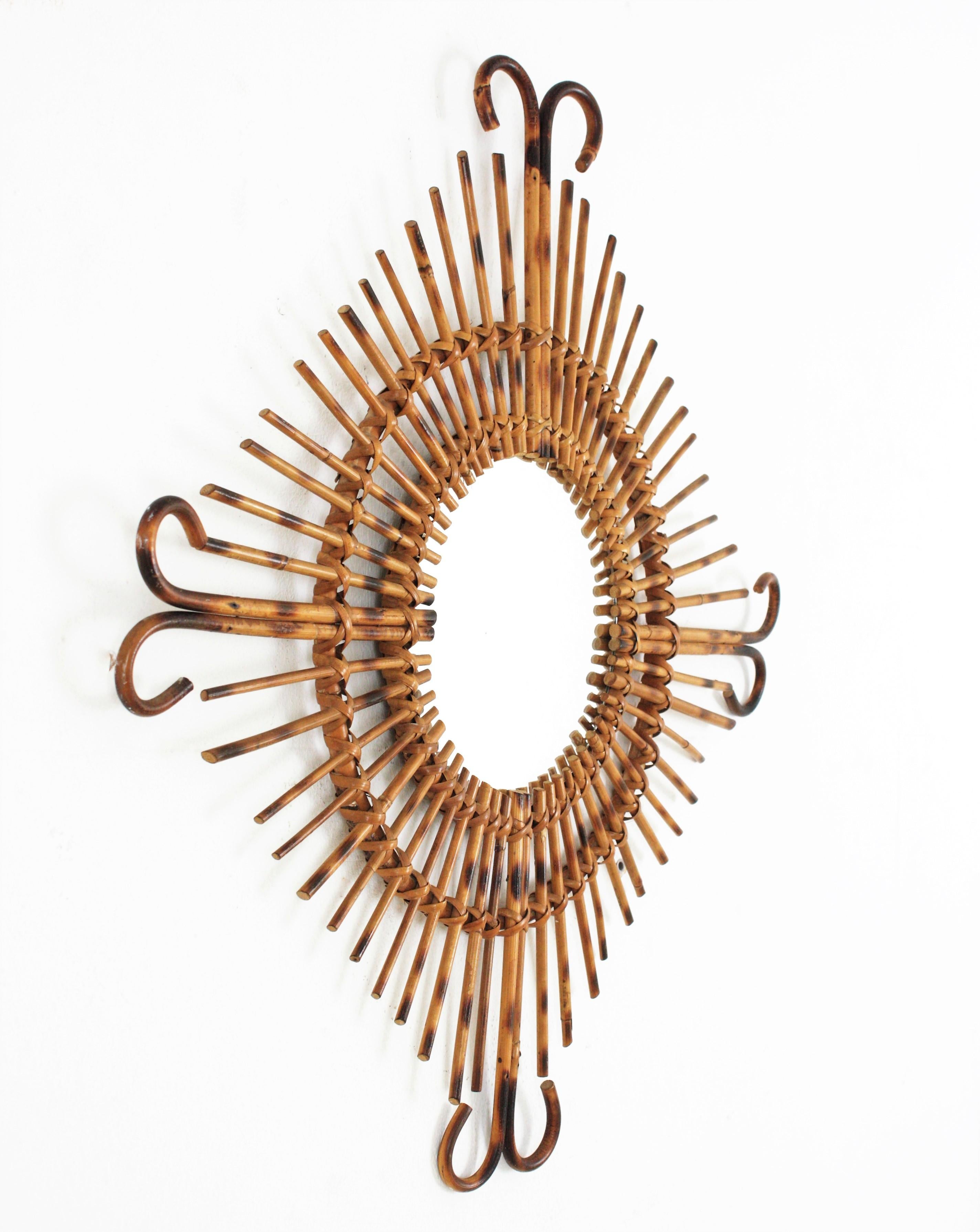 Hand-Crafted 1950s French Riviera Rattan Sunburst Starburst Mirror  For Sale