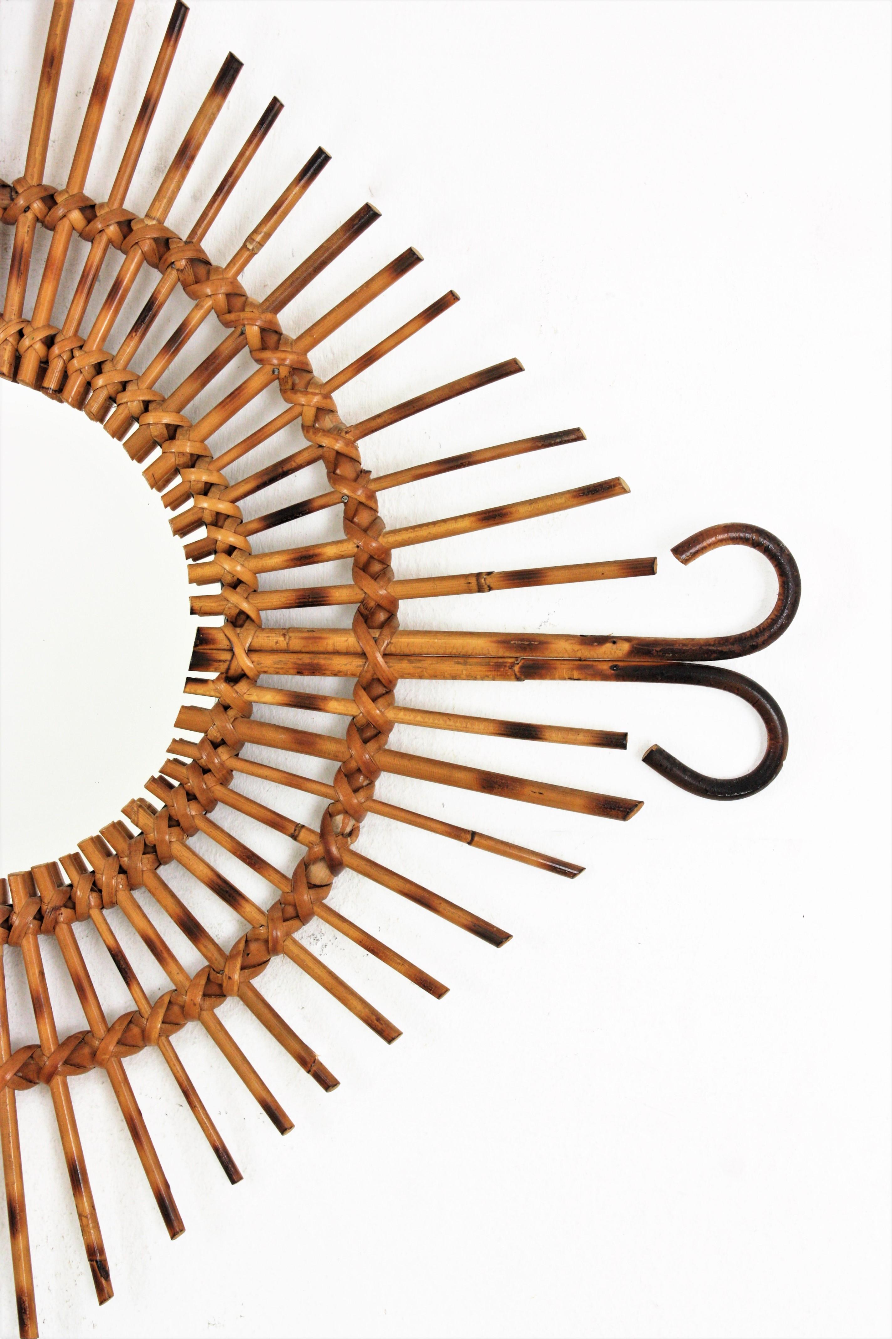 Wicker 1950s French Riviera Rattan Sunburst Starburst Mirror  For Sale