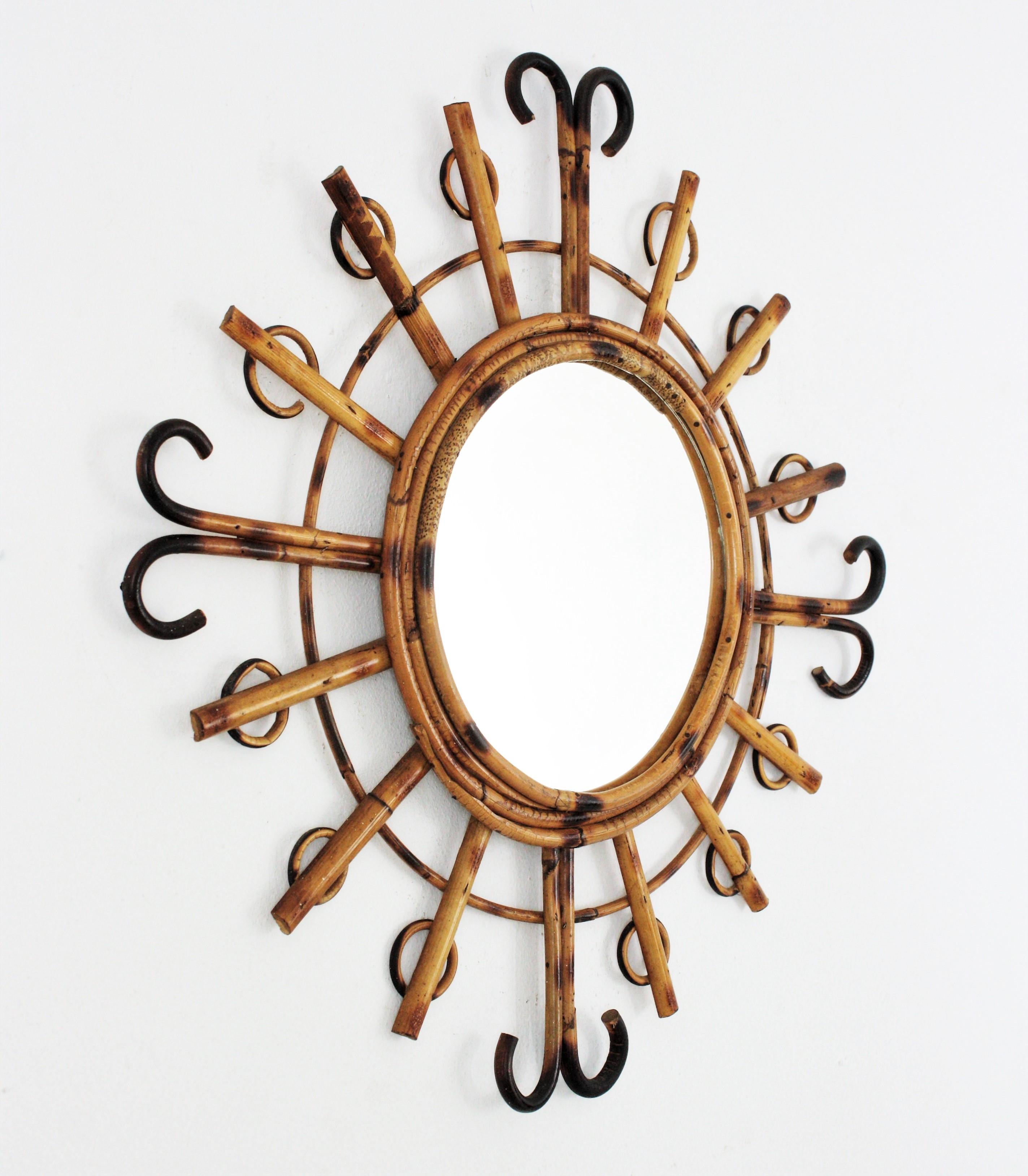 1950s French Riviera Rattan Sunburst Starburst Mirror  For Sale 2