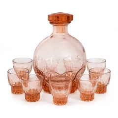 1950s French Rosaline Pink Art Deco Liqueur Decanter Set with Glasses